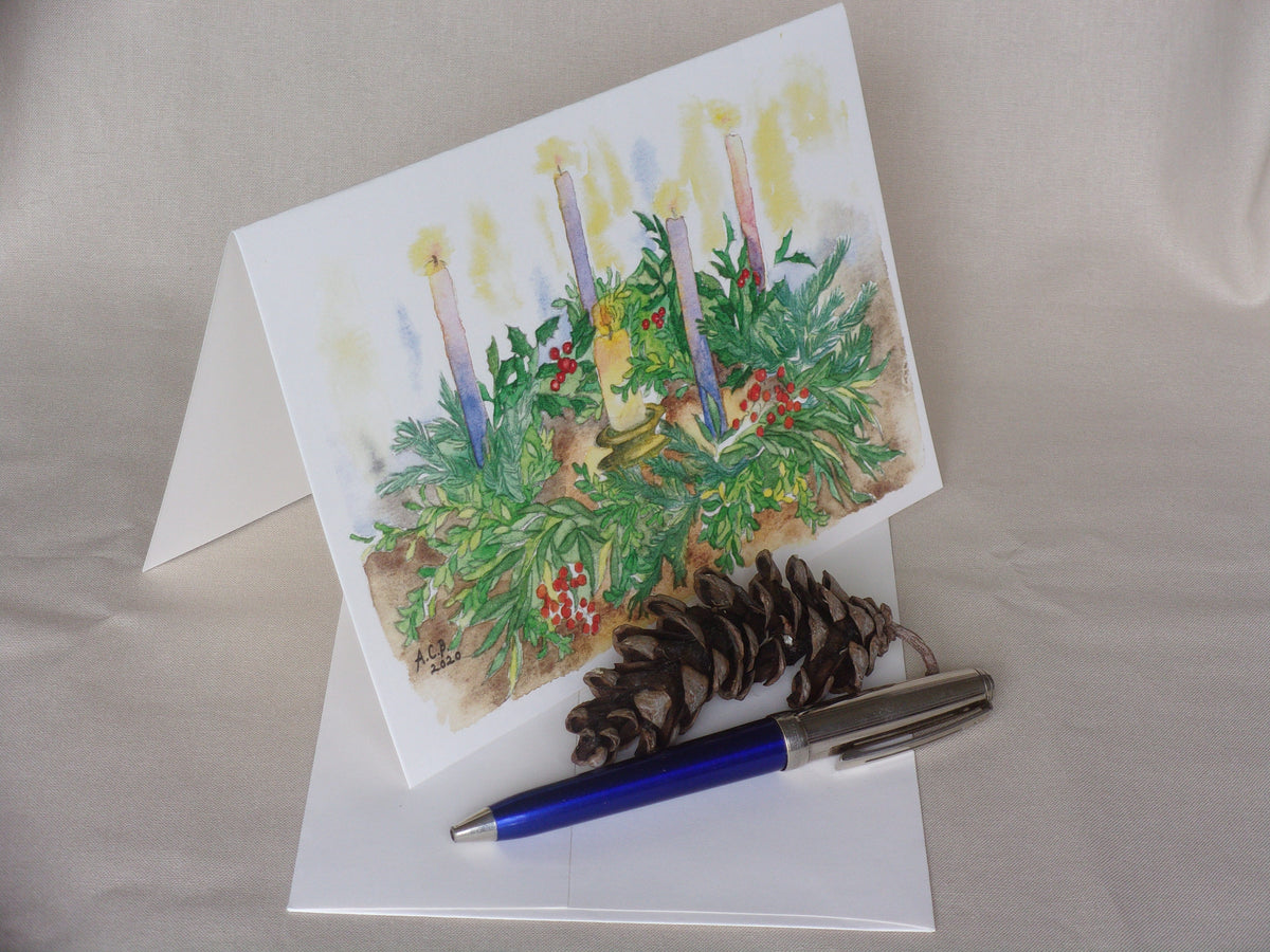 Vintage Cottagecore Christmas Blank Watercolor 5x7 Card: Advent Wreath