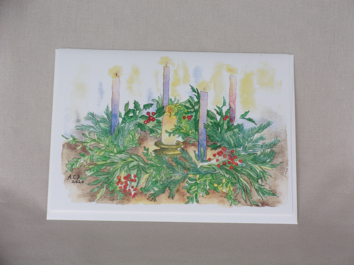 Vintage Cottagecore Christmas Blank Watercolor 5x7 Card: Advent Wreath