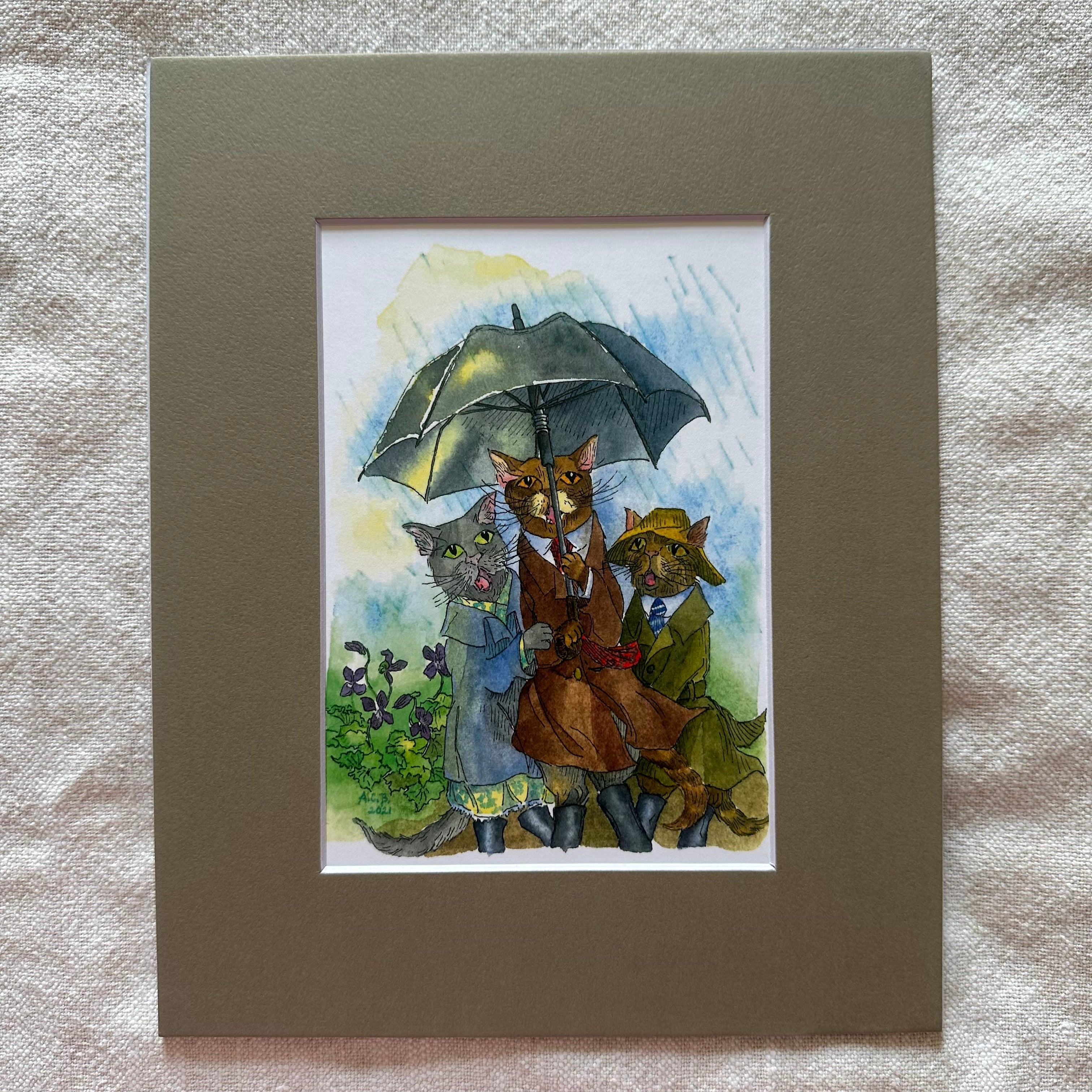 Whimsical Animals 5x7 Print with 8x10 Mat: April Showers