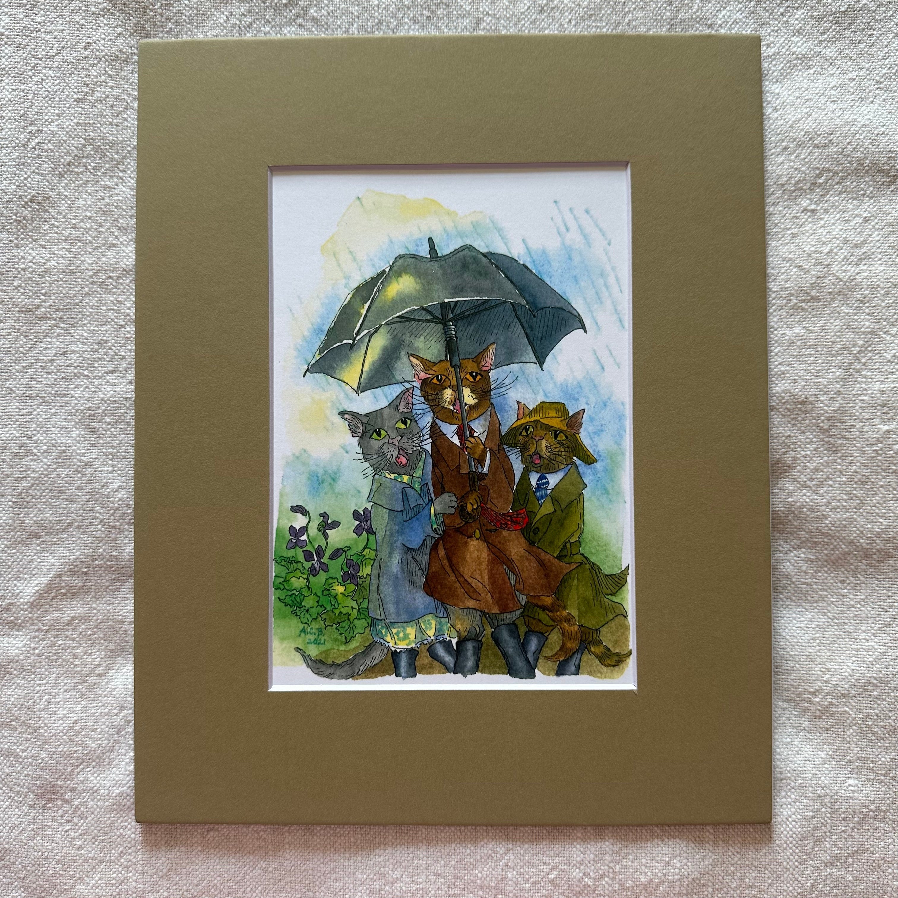 Whimsical Animals 5x7 Print with 8x10 Mat: April Showers