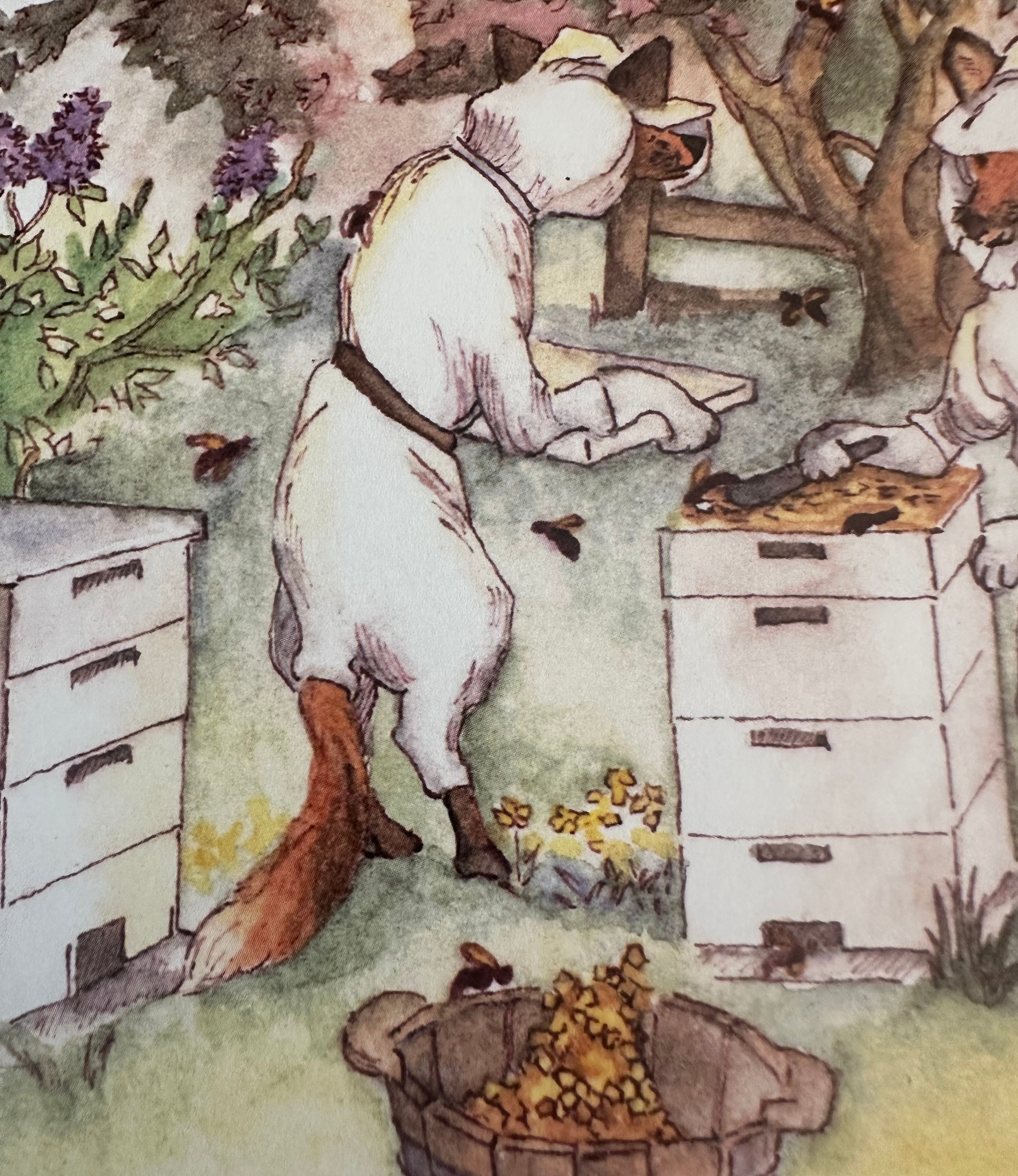Whimsical Animals Foxes and Beehive 5x7 Blank Watercolor Card: Beekeepers