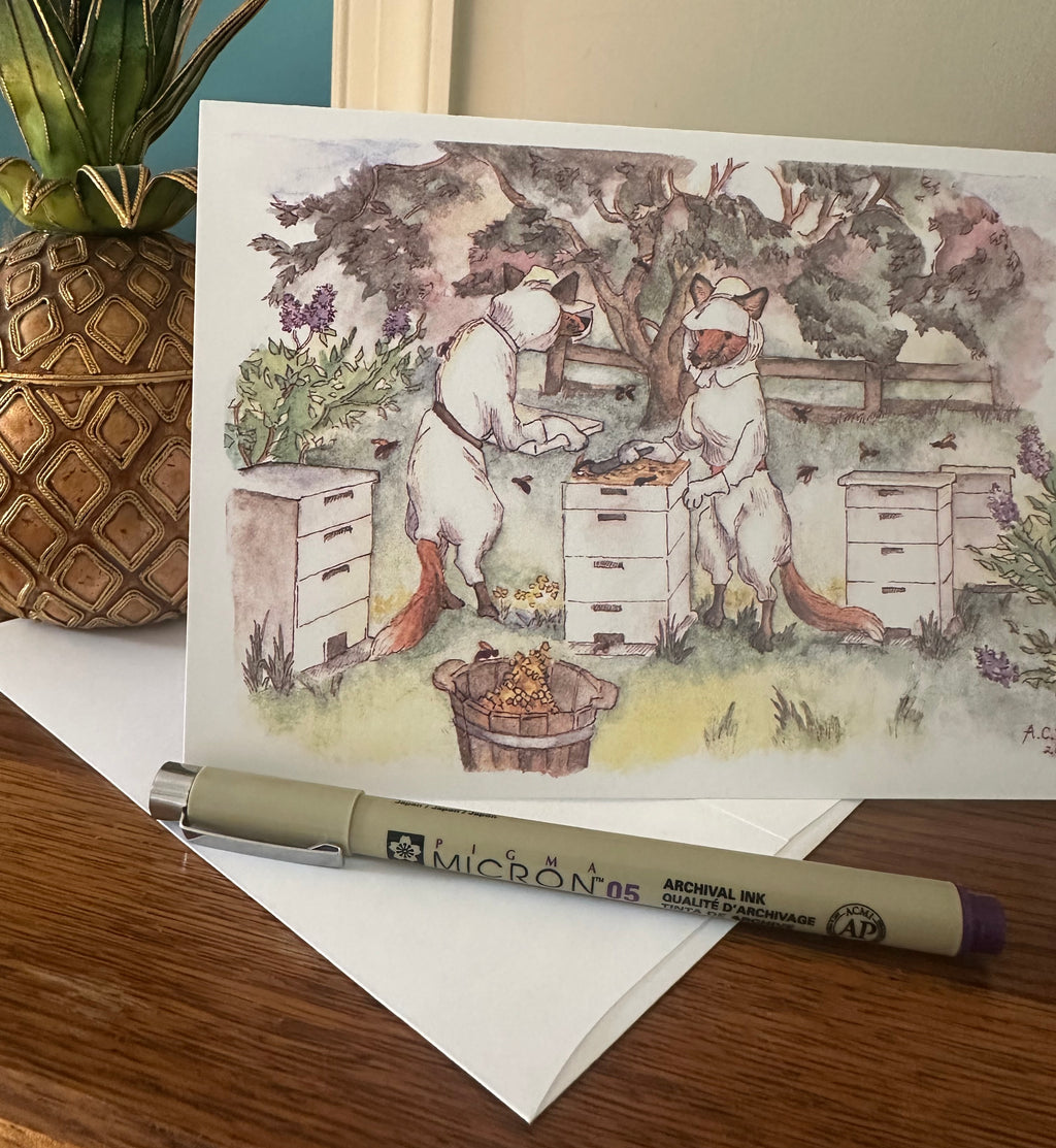 Whimsical Animals Foxes and Bees 5x7 Blank Watercolor Card: Beekeepers