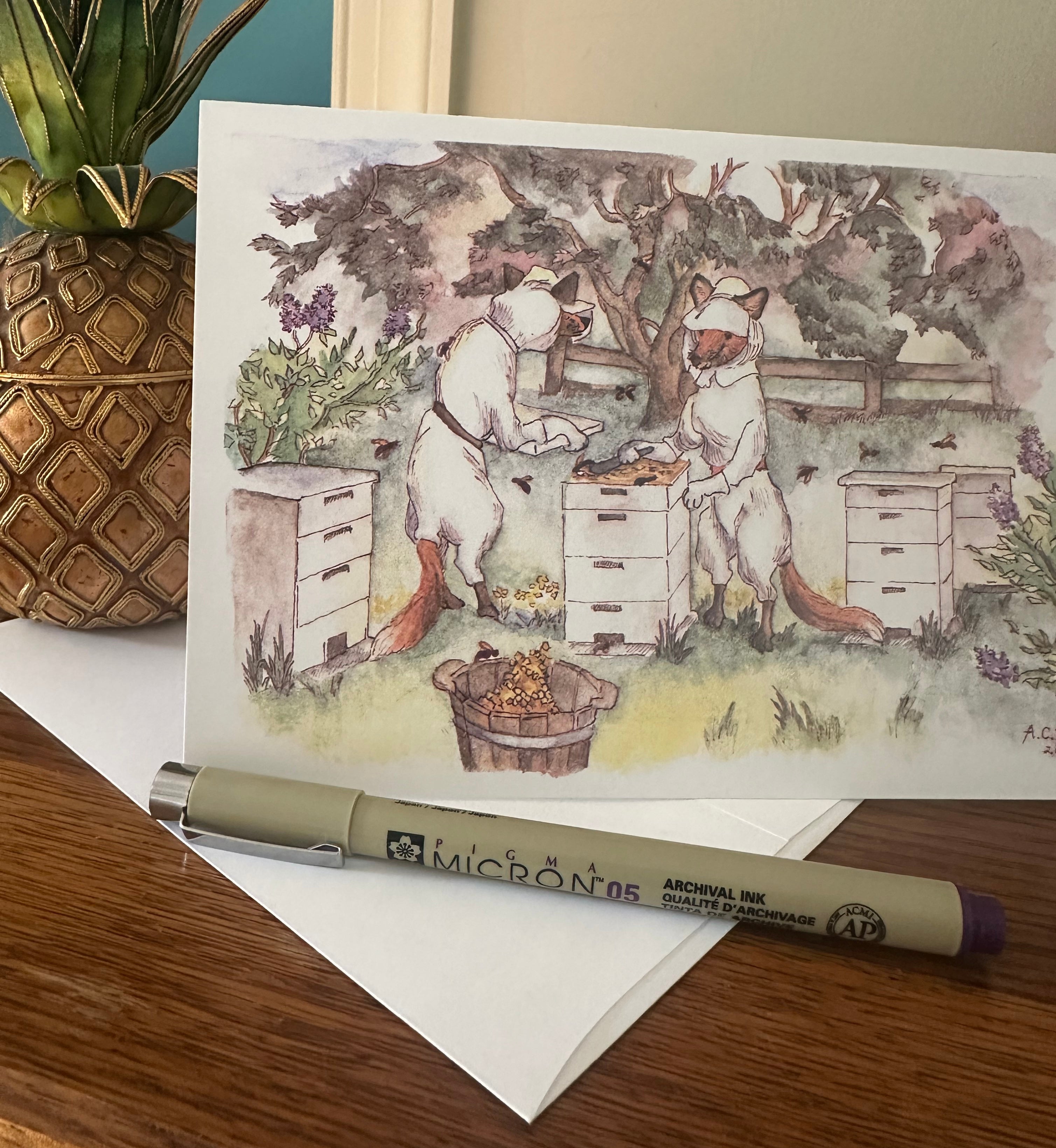Whimsical Animals Foxes and Beehive 5x7 Blank Watercolor Card: Beekeepers