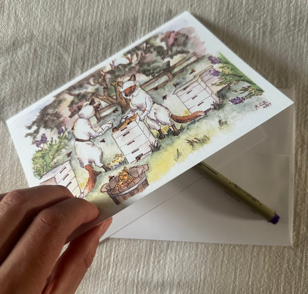 Whimsical Animals Foxes and Bees 5x7 Blank Watercolor Card: Beekeepers