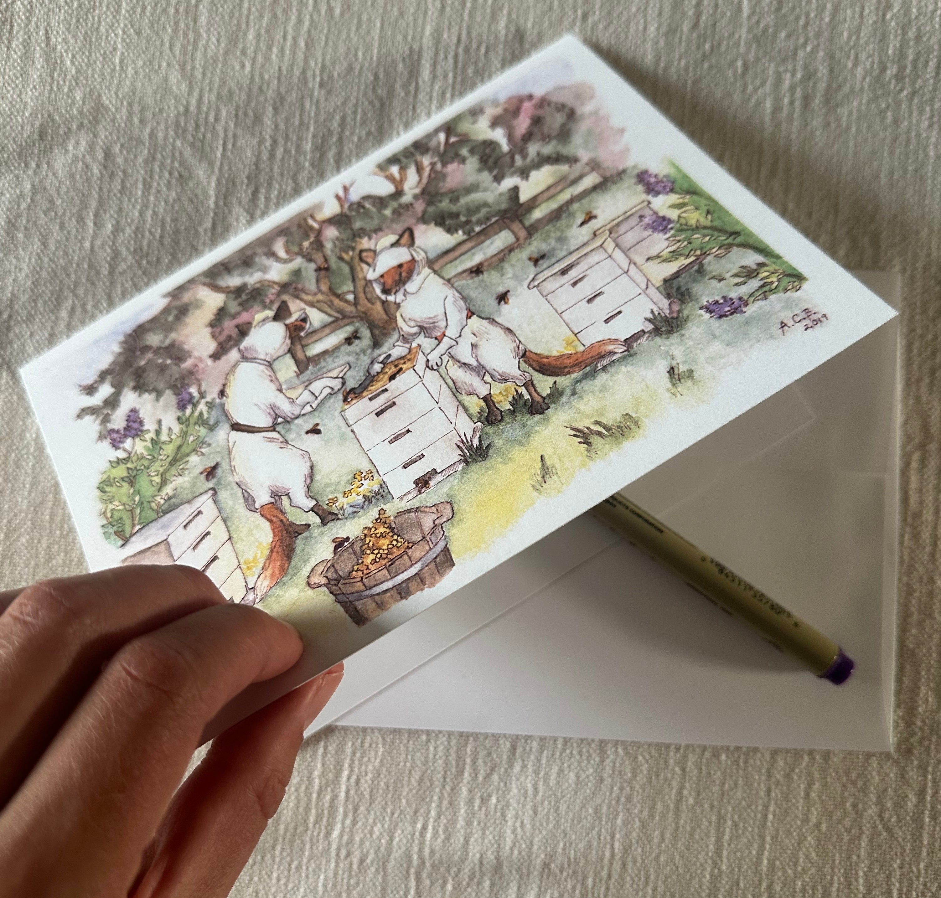 Whimsical Animals Foxes and Beehive 5x7 Blank Watercolor Card: Beekeepers