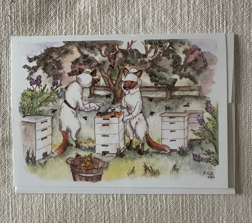 Whimsical Animals Foxes and Bees 5x7 Blank Watercolor Card: Beekeepers