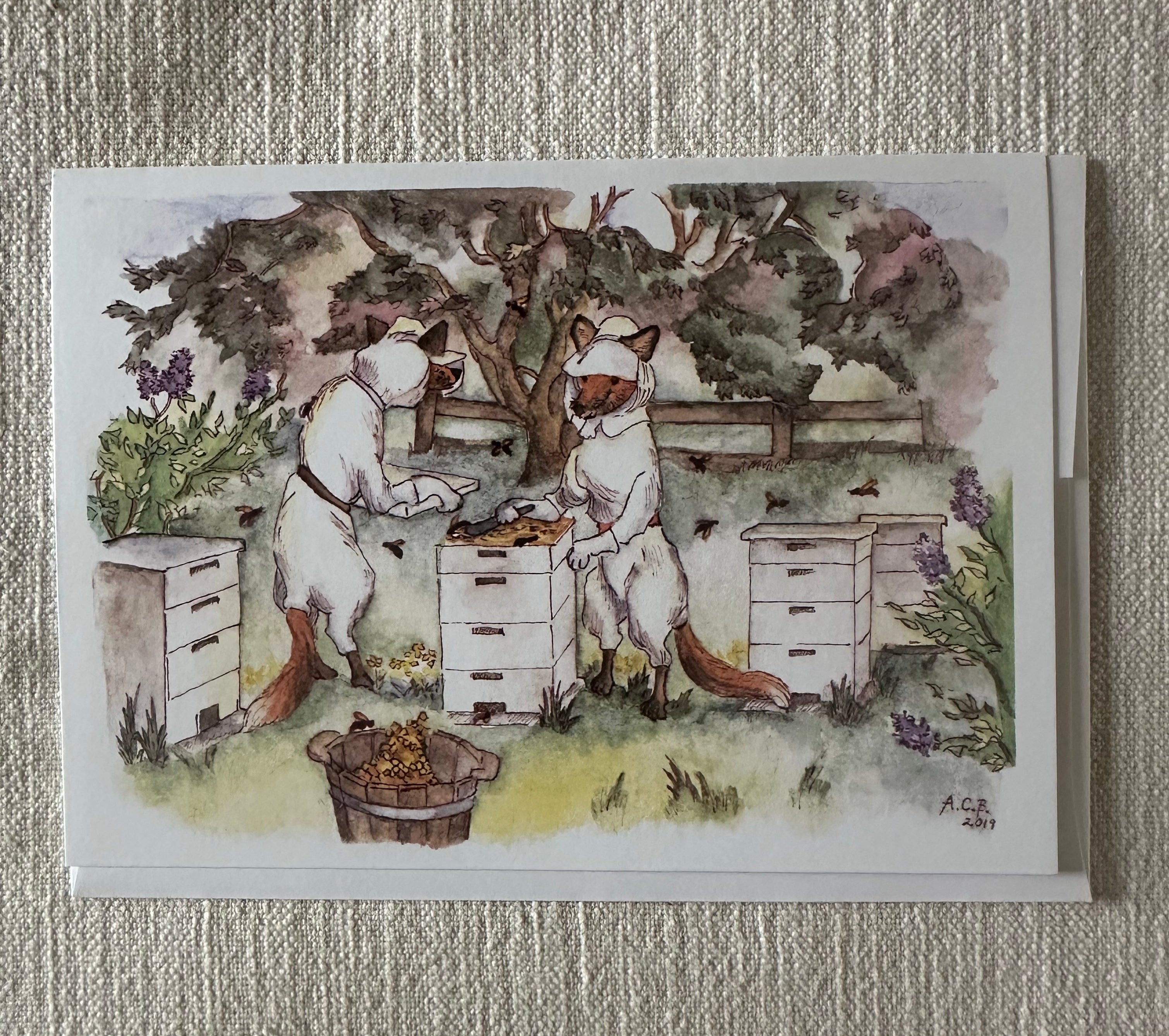 Whimsical Animals Foxes and Beehive 5x7 Blank Watercolor Card: Beekeepers