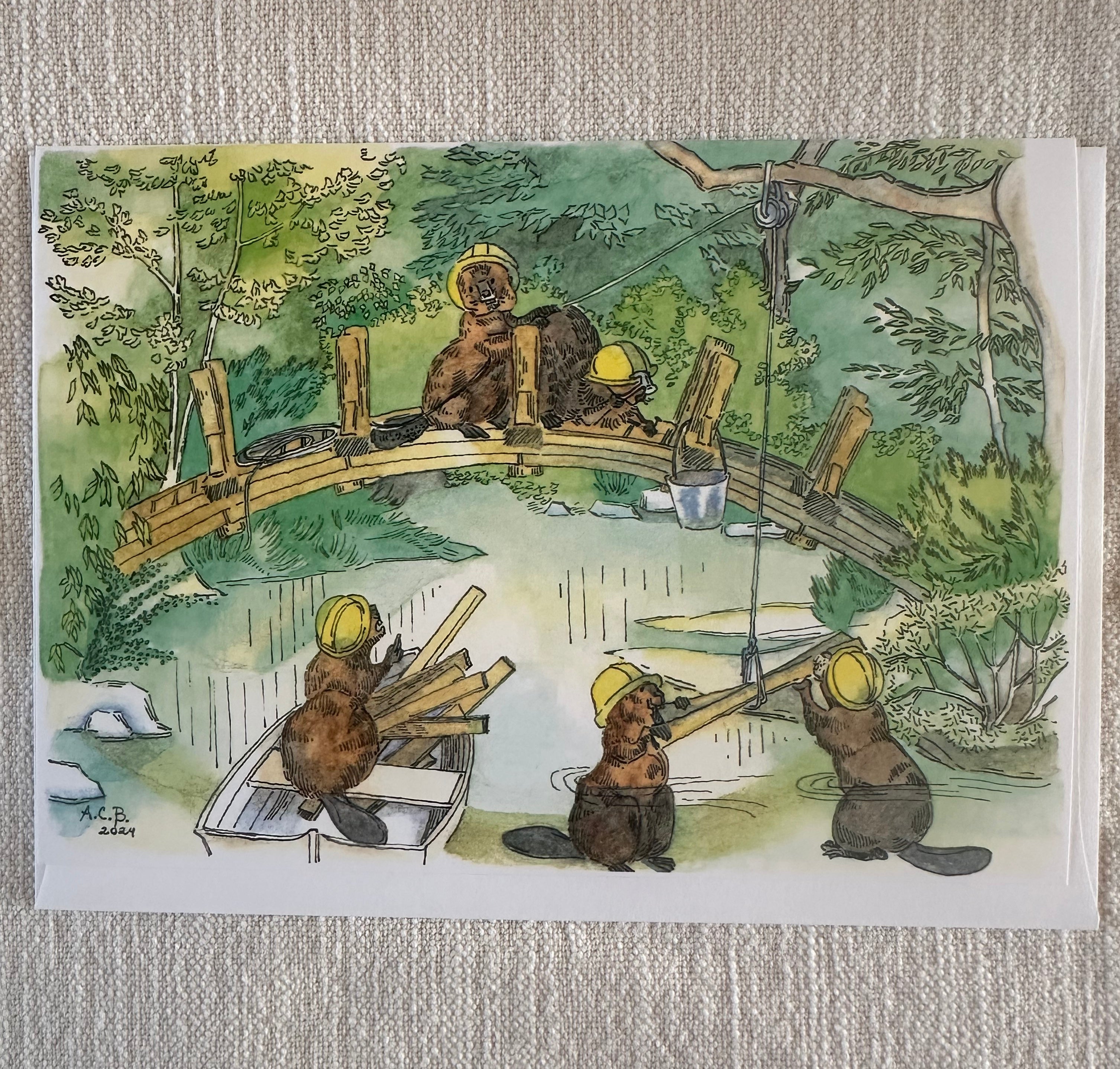 Whimsical Animals Beavers 5x7 Blank Watercolor Card: Bridge Builders
