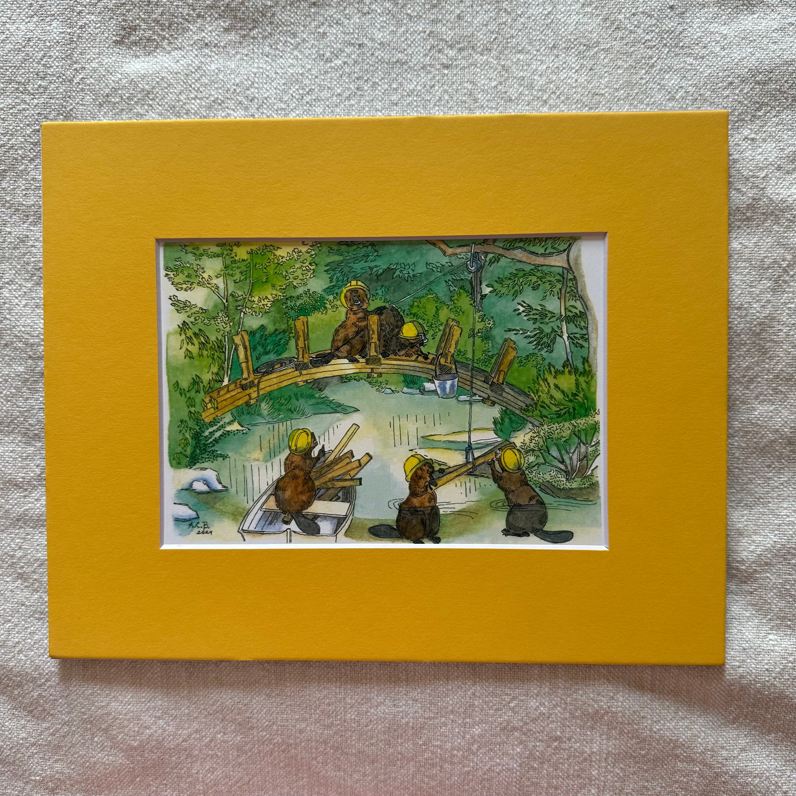 Whimsical Animals Beavers 5x7 Print with 8x10 Mat: Bridge Builders