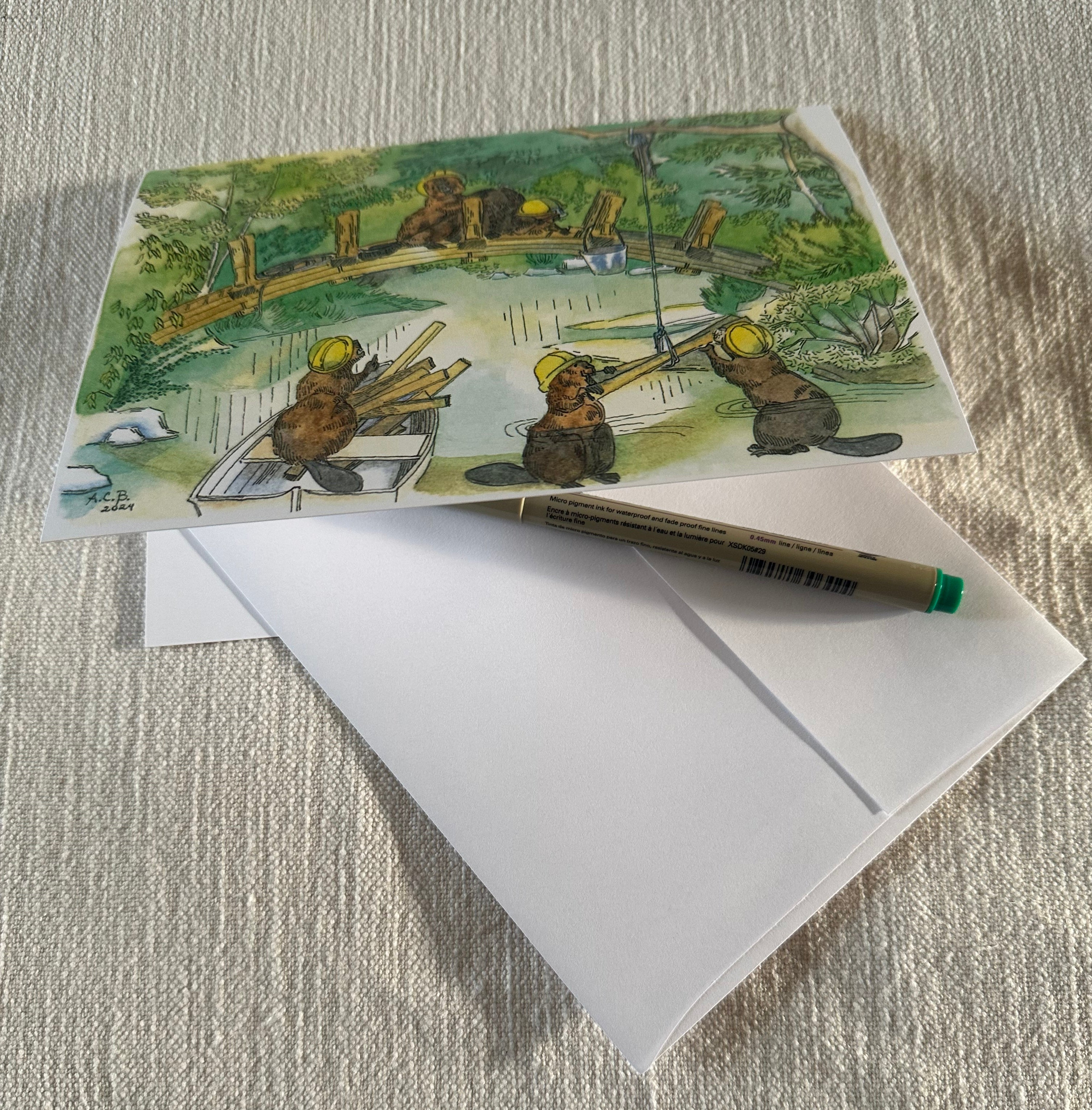 Whimsical Animals Beavers 5x7 Blank Watercolor Card: Bridge Builders