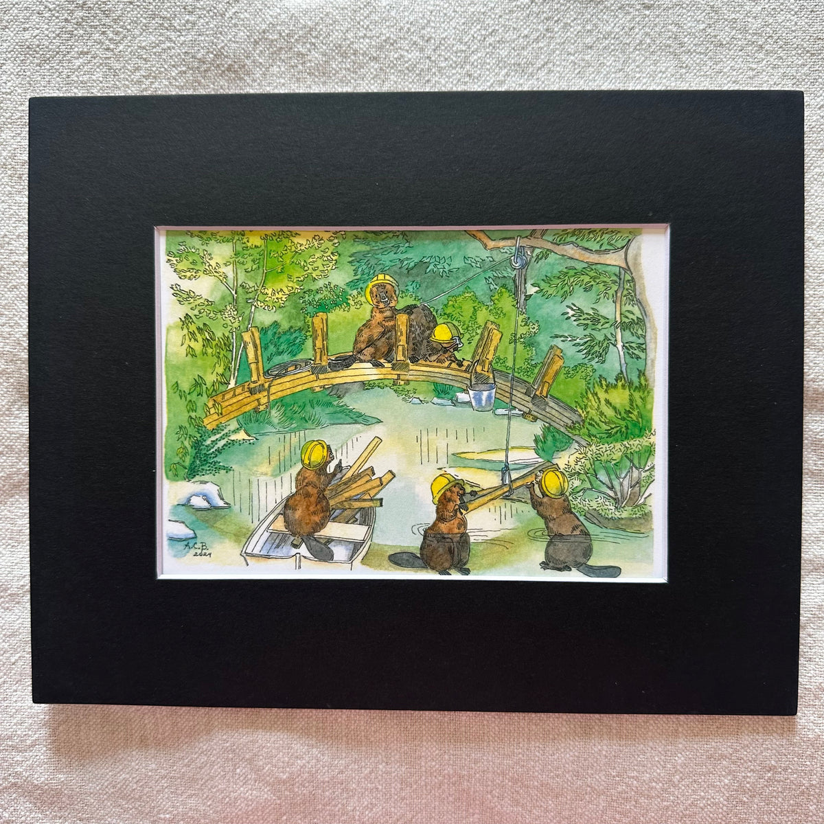 Whimsical Animals Beavers 5x7 Print with 8x10 Mat: Bridge Builders