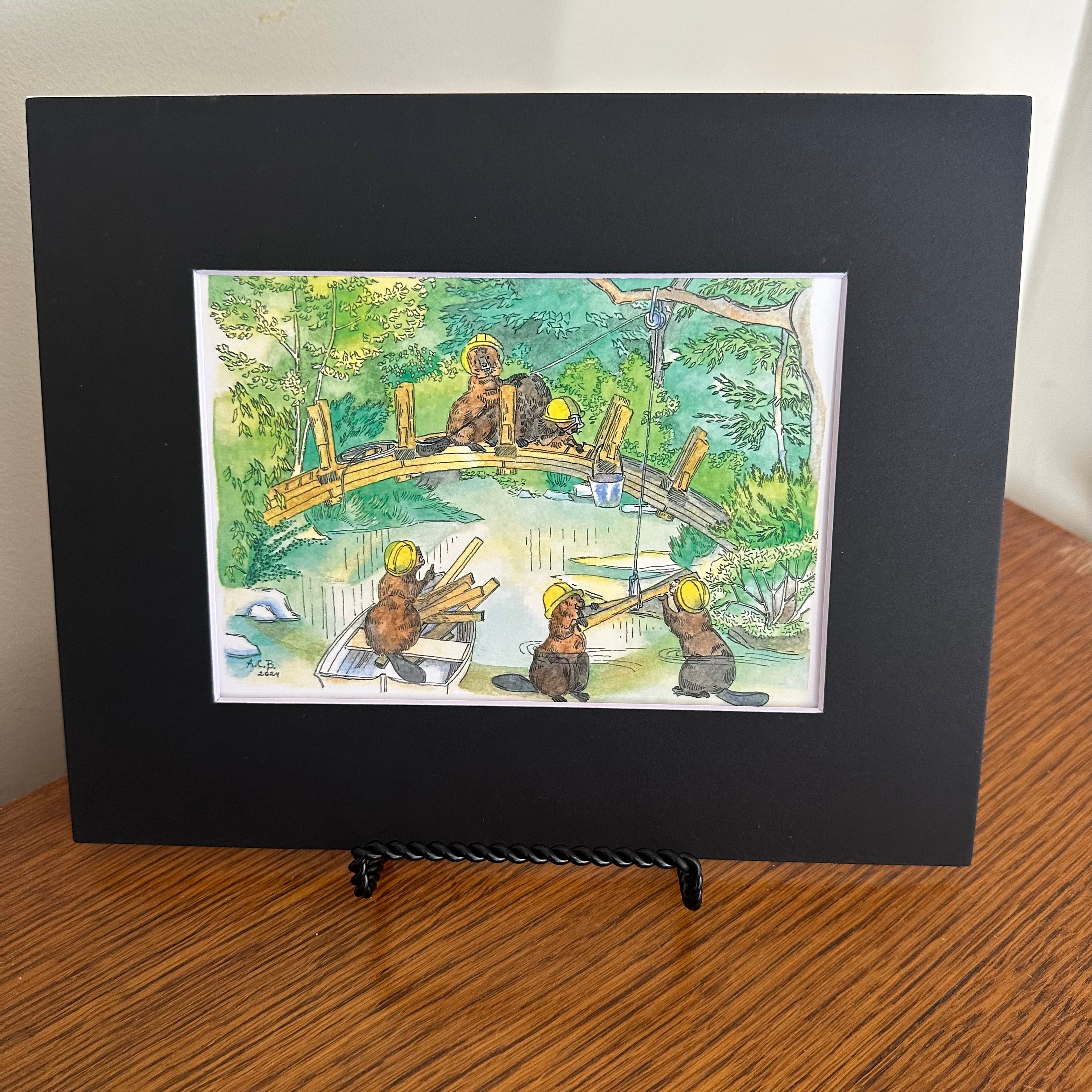 Whimsical Animals Beavers 5x7 Print with 8x10 Mat: Bridge Builders