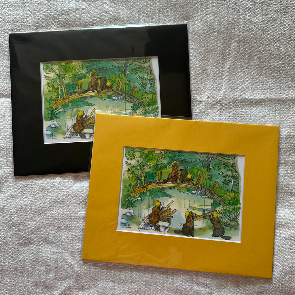 Whimsical Animals Beavers 5x7 Print with 8x10 Mat: Bridge Builders