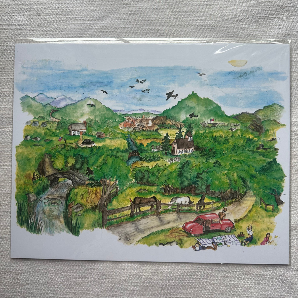 Whimsical Americana Landscape 11x14 Watercolor Print: Byway