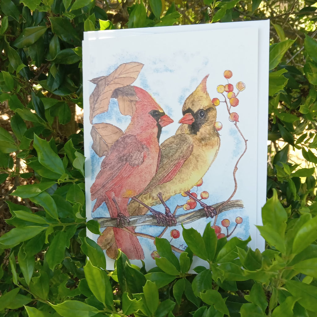 Birds 5x7 Blank Watercolor Card: Cardinal Couple