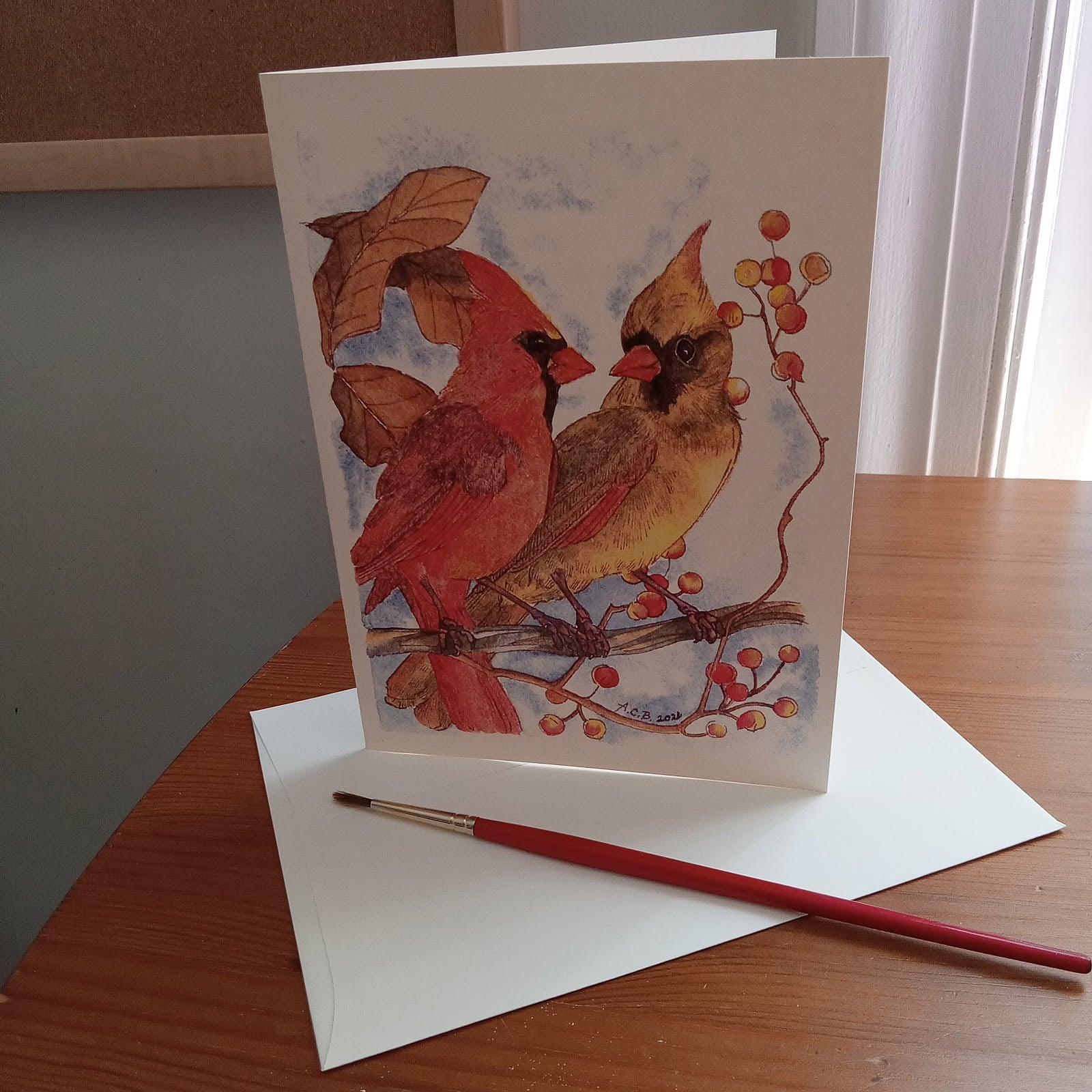 Birds 5x7 Blank Watercolor Card: Cardinal Couple