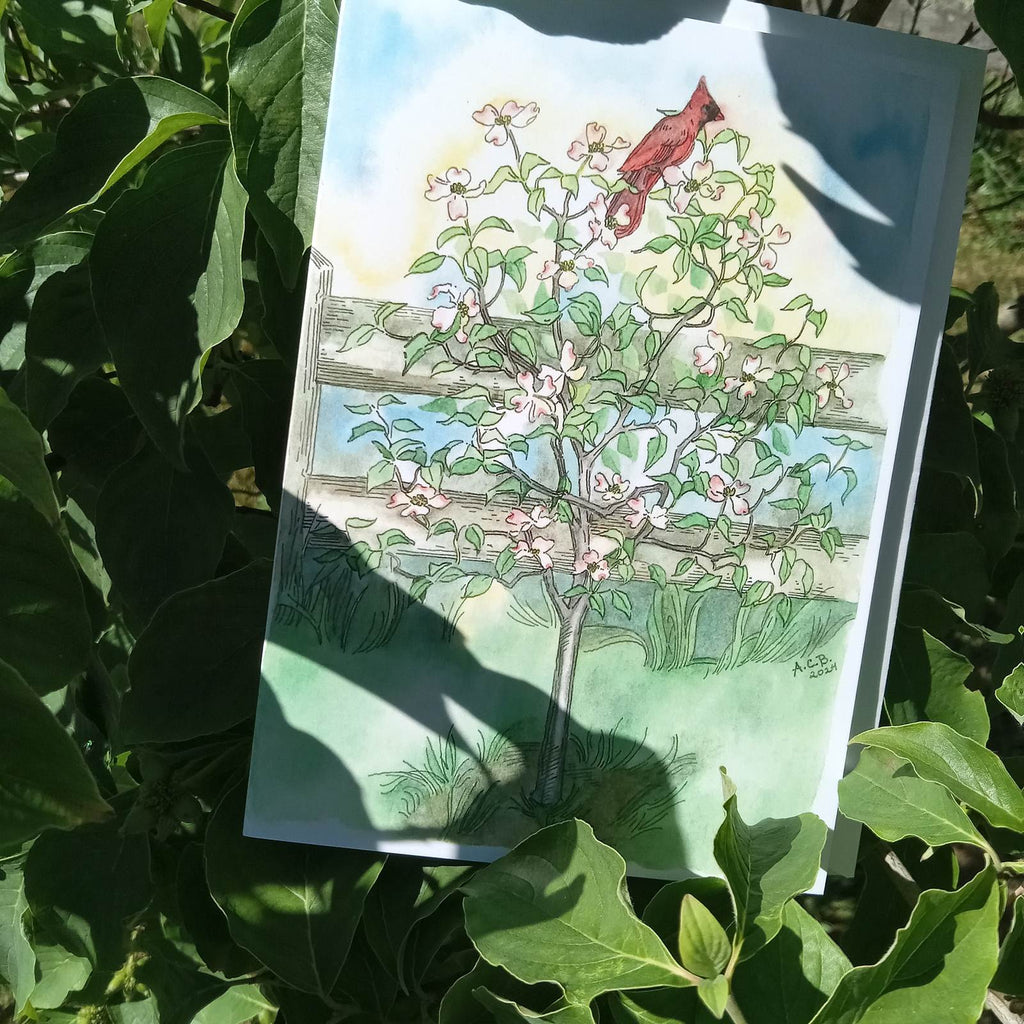 Bird Garden 5x7 Blank Watercolor Card: Cardinal in a Dogwood Tree