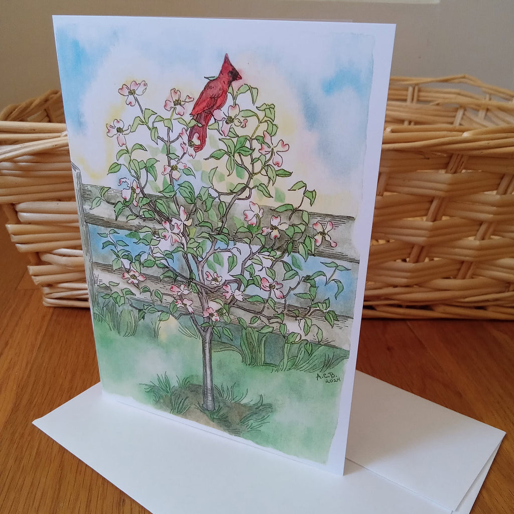 Bird Garden 5x7 Blank Watercolor Card: Cardinal in a Dogwood Tree