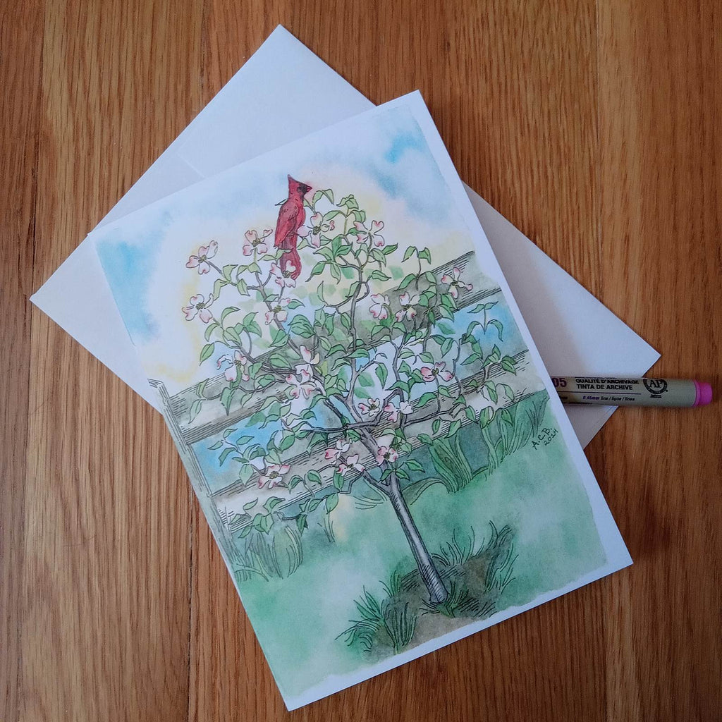 Bird Garden 5x7 Blank Watercolor Card: Cardinal in a Dogwood Tree
