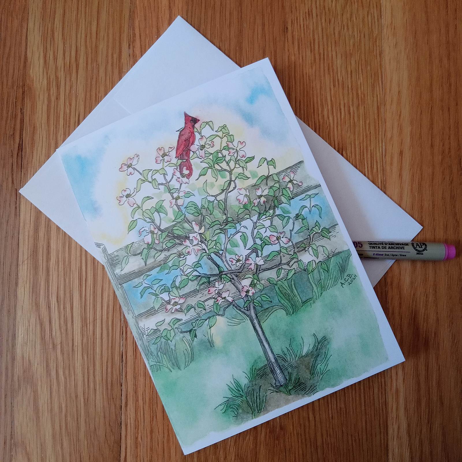 Bird Garden 5x7 Blank Watercolor Card: Cardinal in a Dogwood Tree