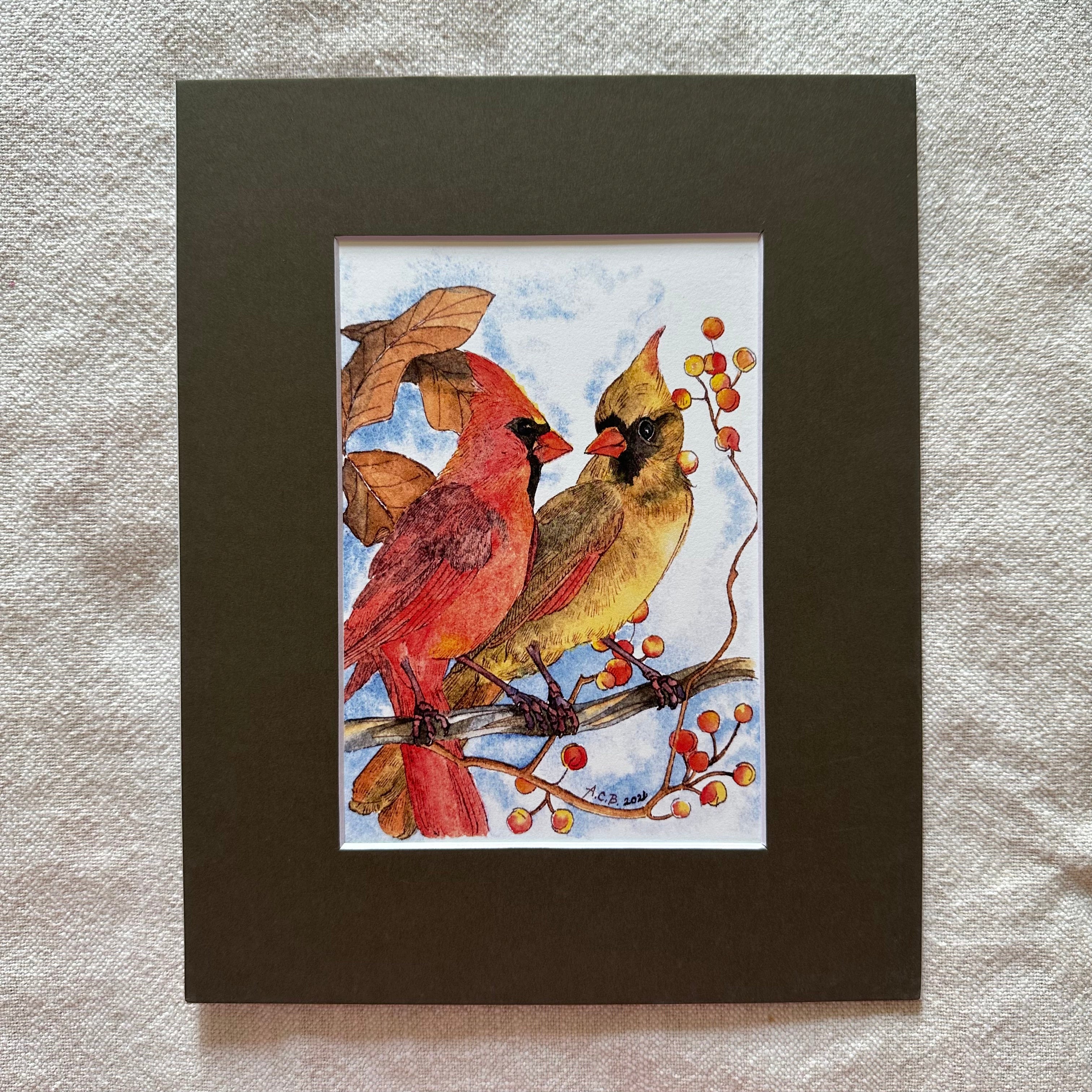 Watercolor Birds 5x7 Print with 8x10 Mat: Cardinal Couple
