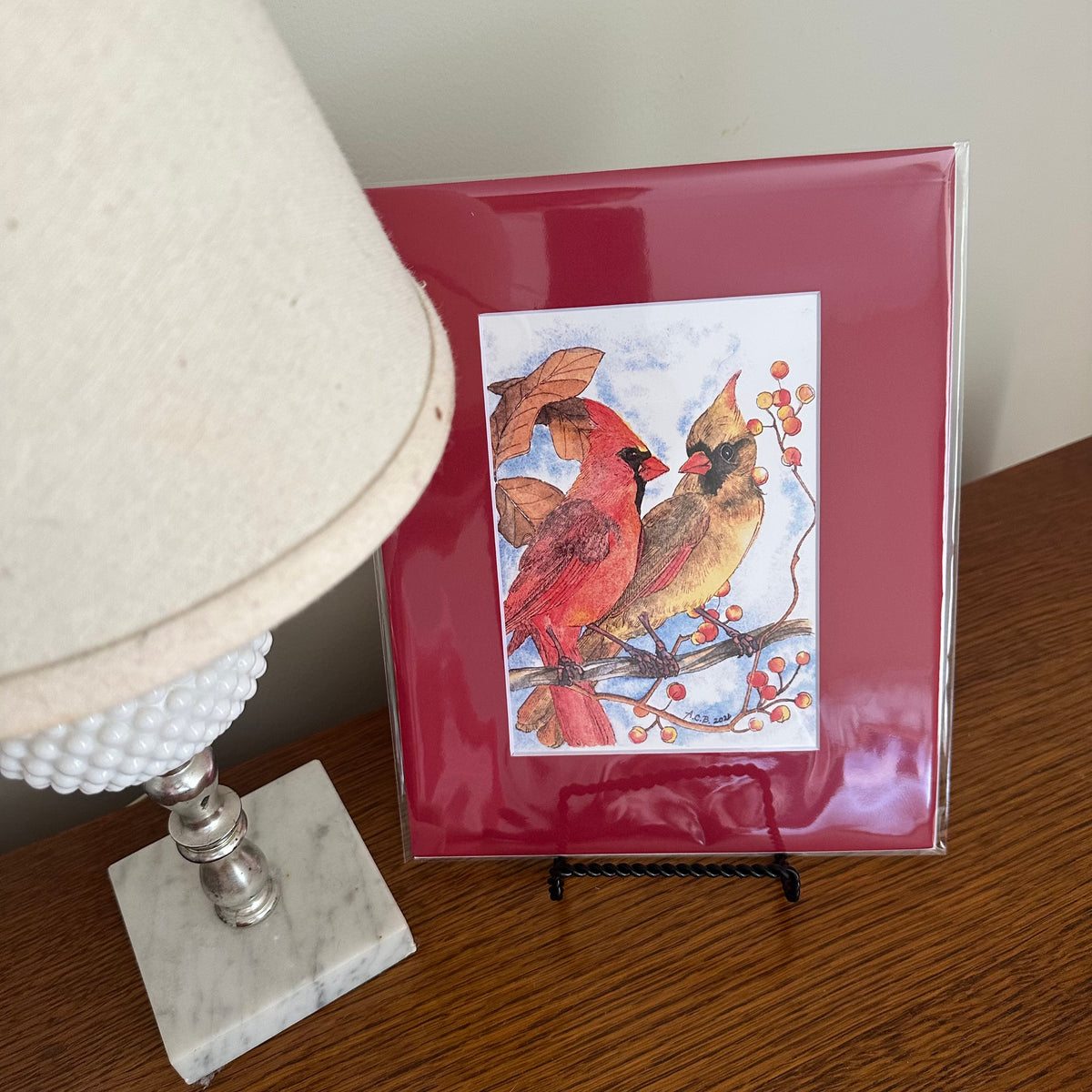 Watercolor Birds 5x7 Print with 8x10 Mat: Cardinal Couple