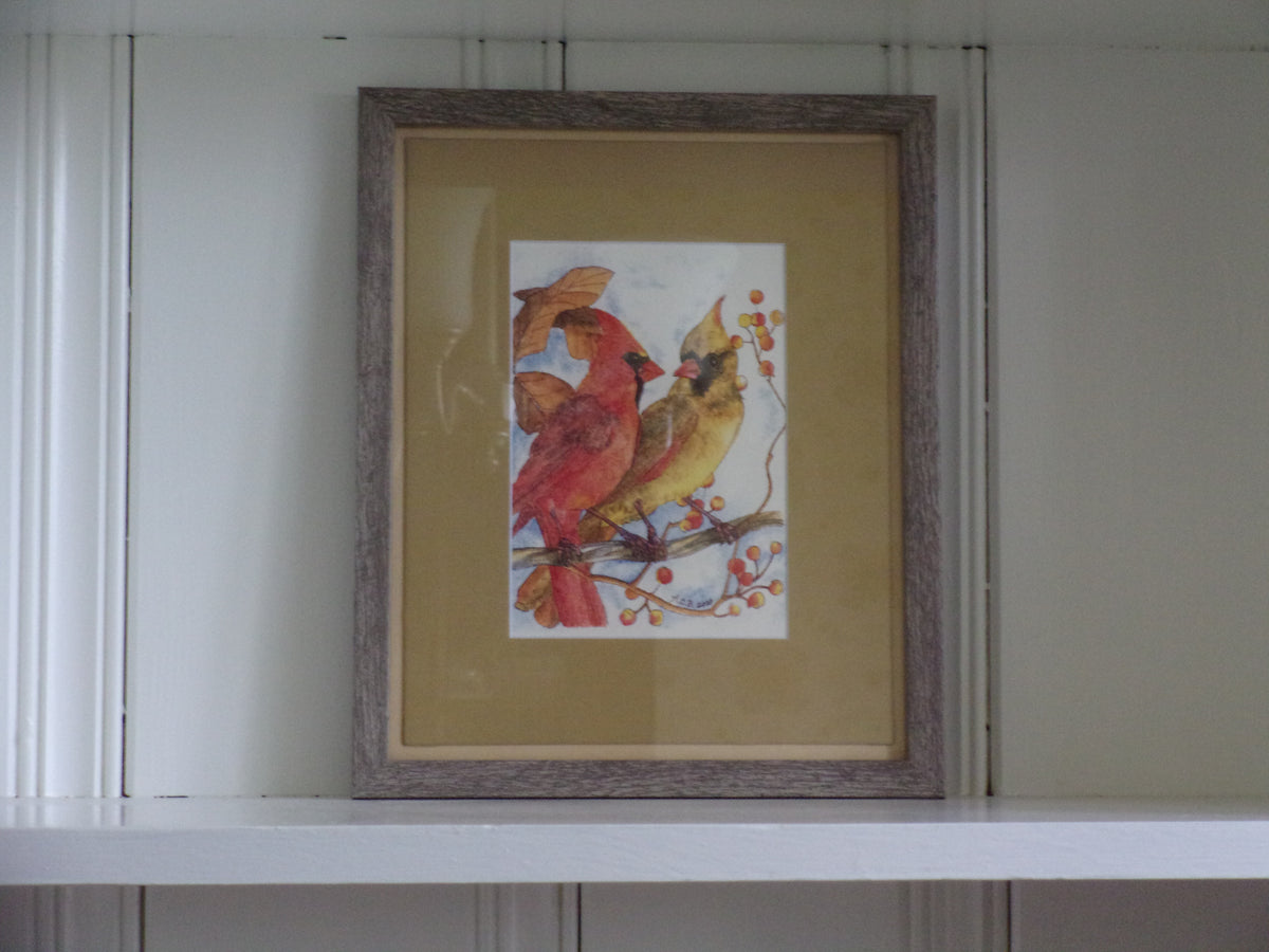 Watercolor Birds 5x7 Print with 8x10 Mat: Cardinal Couple