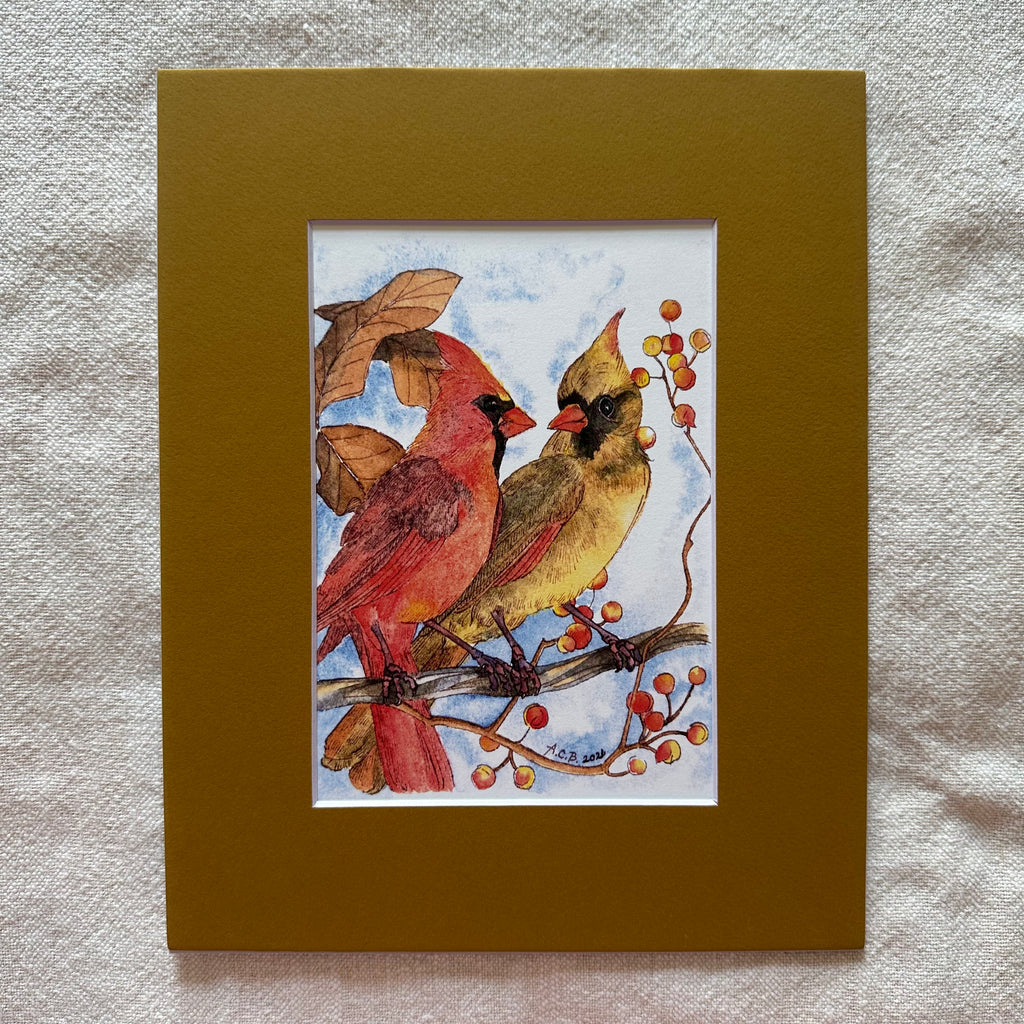 Watercolor Birds 5x7 Print with 8x10 Mat: Cardinal Couple