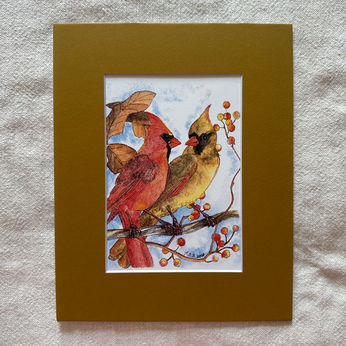 Watercolor Birds 5x7 Print with 8x10 Mat: Cardinal Couple