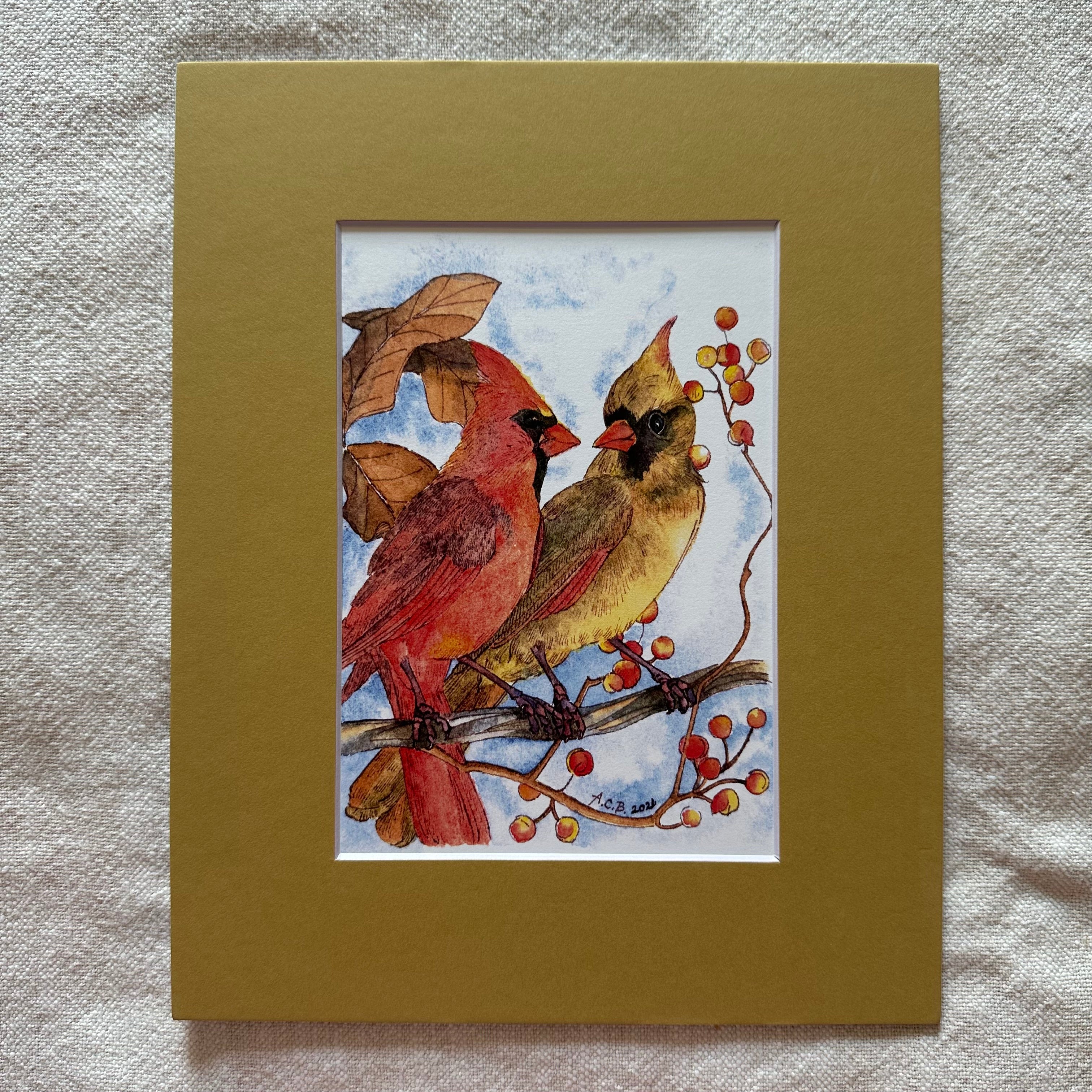 Watercolor Birds 5x7 Print with 8x10 Mat: Cardinal Couple