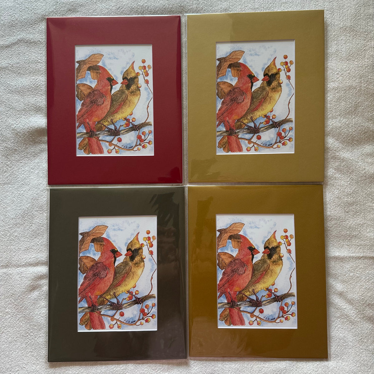 Watercolor Birds 5x7 Print with 8x10 Mat: Cardinal Couple