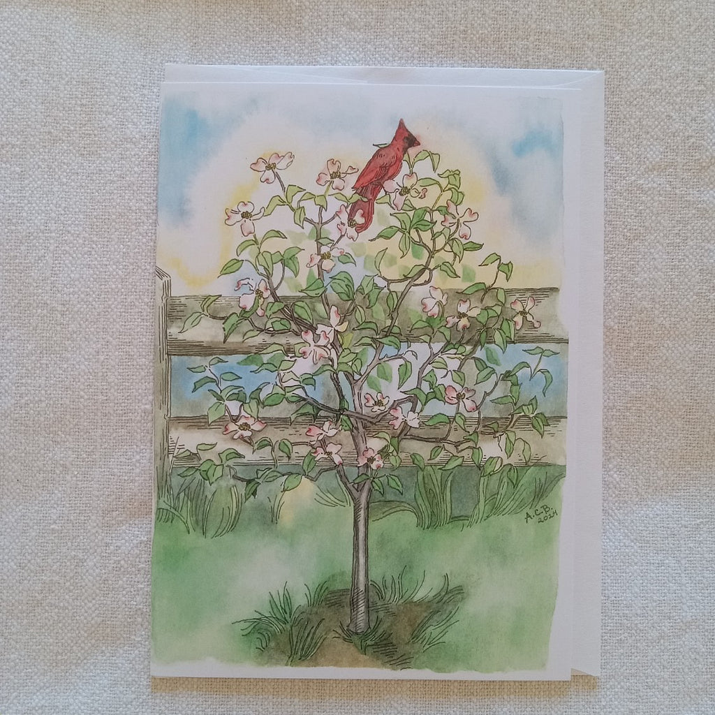 Bird Garden 5x7 Blank Watercolor Card: Cardinal in a Dogwood Tree