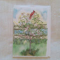 Bird Garden 5x7 Blank Watercolor Card: Cardinal in a Dogwood Tree