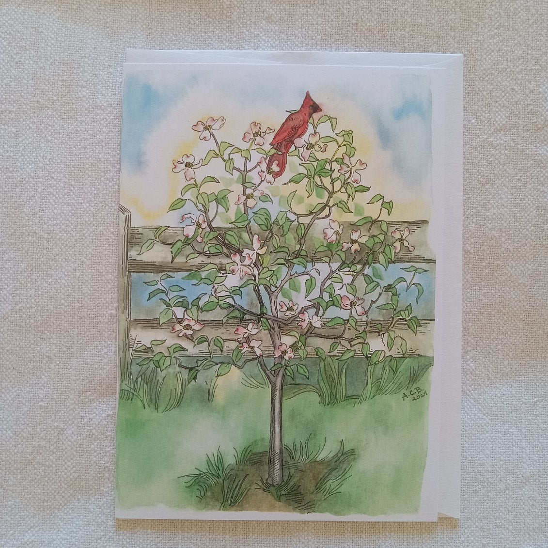 Bird Garden 5x7 Blank Watercolor Card: Cardinal in a Dogwood Tree