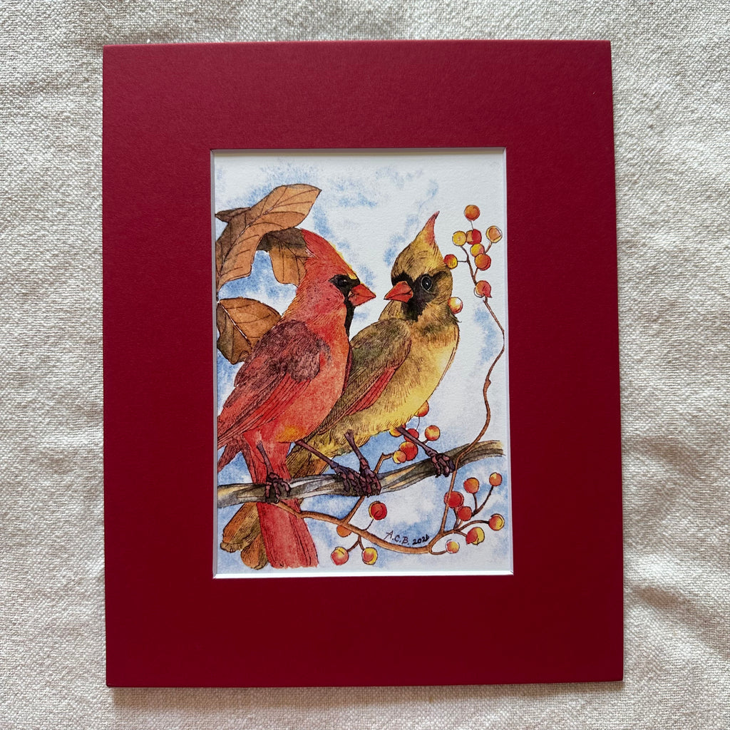 Watercolor Birds 5x7 Print with 8x10 Mat: Cardinal Couple