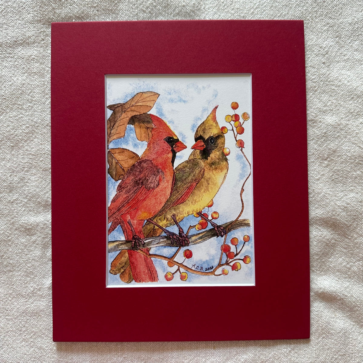 Watercolor Birds 5x7 Print with 8x10 Mat: Cardinal Couple