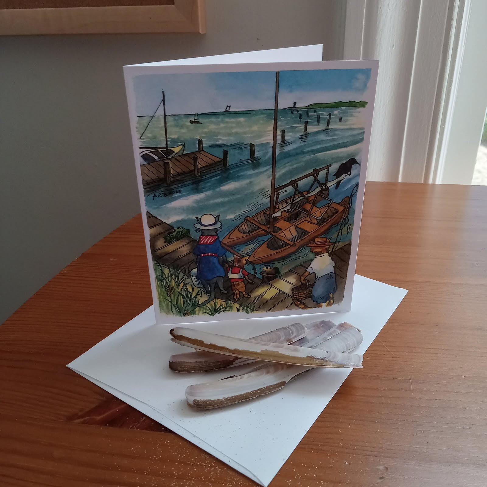 Whimsical Animals Seaside Cats Retro 4x5 Blank Watercolor Card: Catamaran