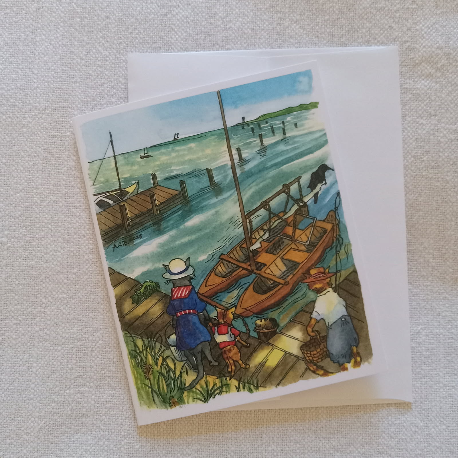 Whimsical Animals Seaside Cats Retro 4x5 Blank Watercolor Card: Catamaran