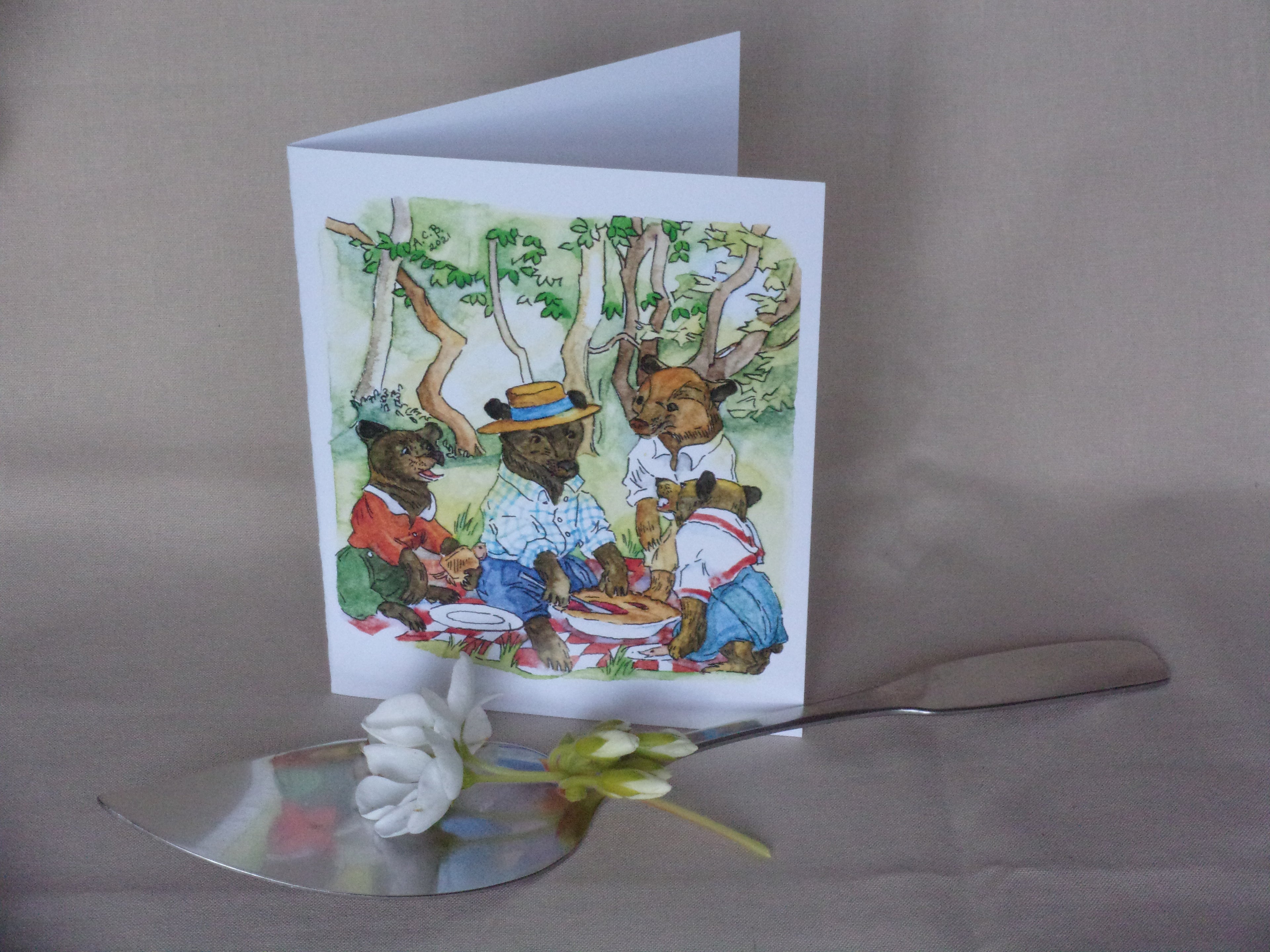 Whimsical Animals Teddy Bear Picnic 4x5 Blank Watercolor Card: Cherry Pie