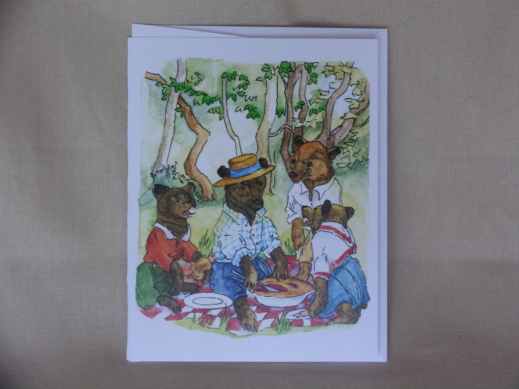 Whimsical Animals Teddy Bear Picnic 4x5 Blank Watercolor Card: Cherry Pie