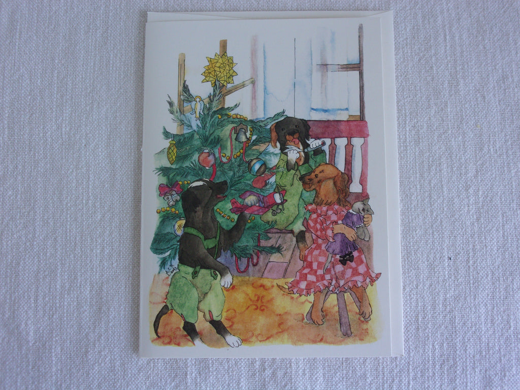 Whimsical Animals Puppies 5x7 Blank Watercolor Card: Christmas Morning