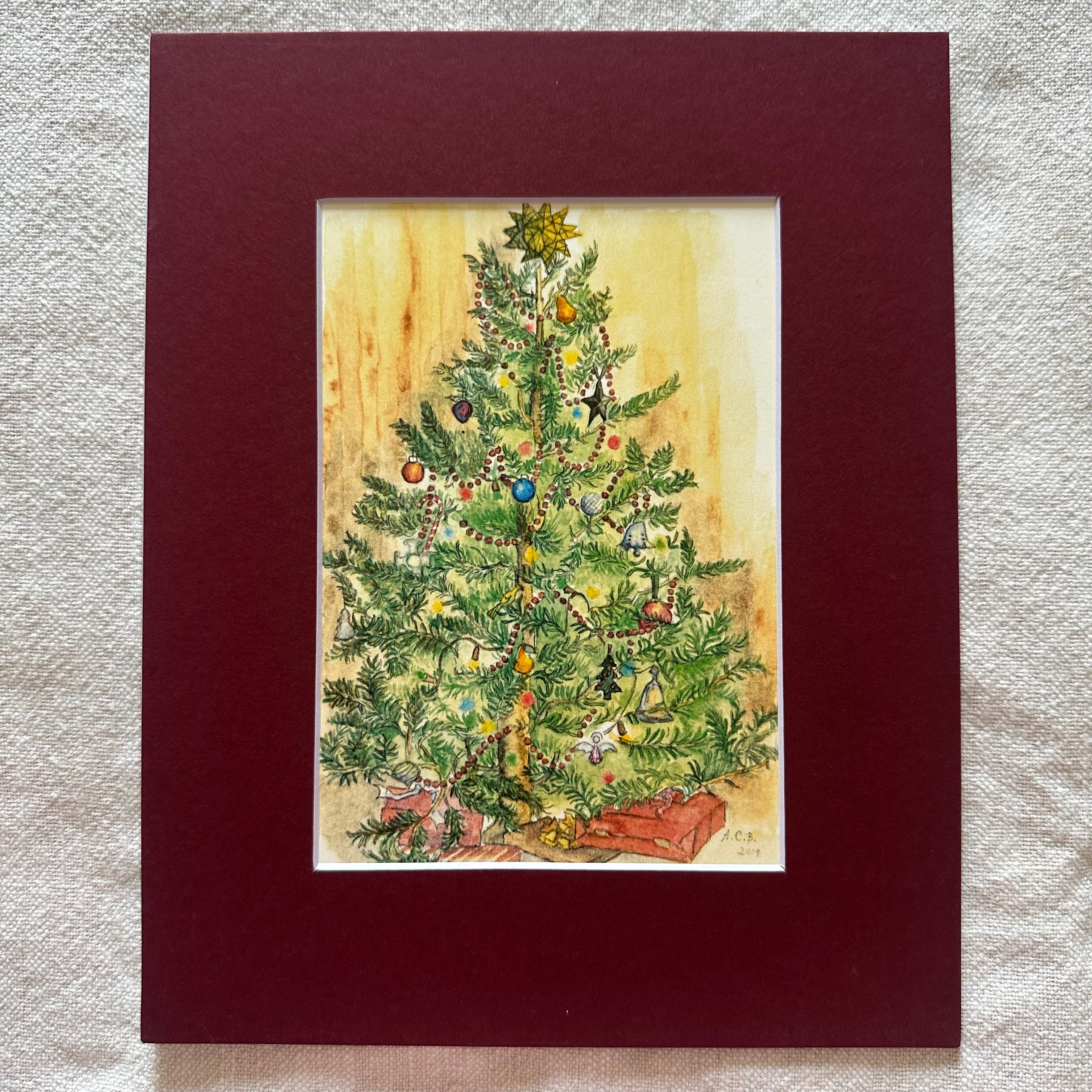 Christmas Watercolor 5x7 Print with 8x10 Mat: Christmas Tree