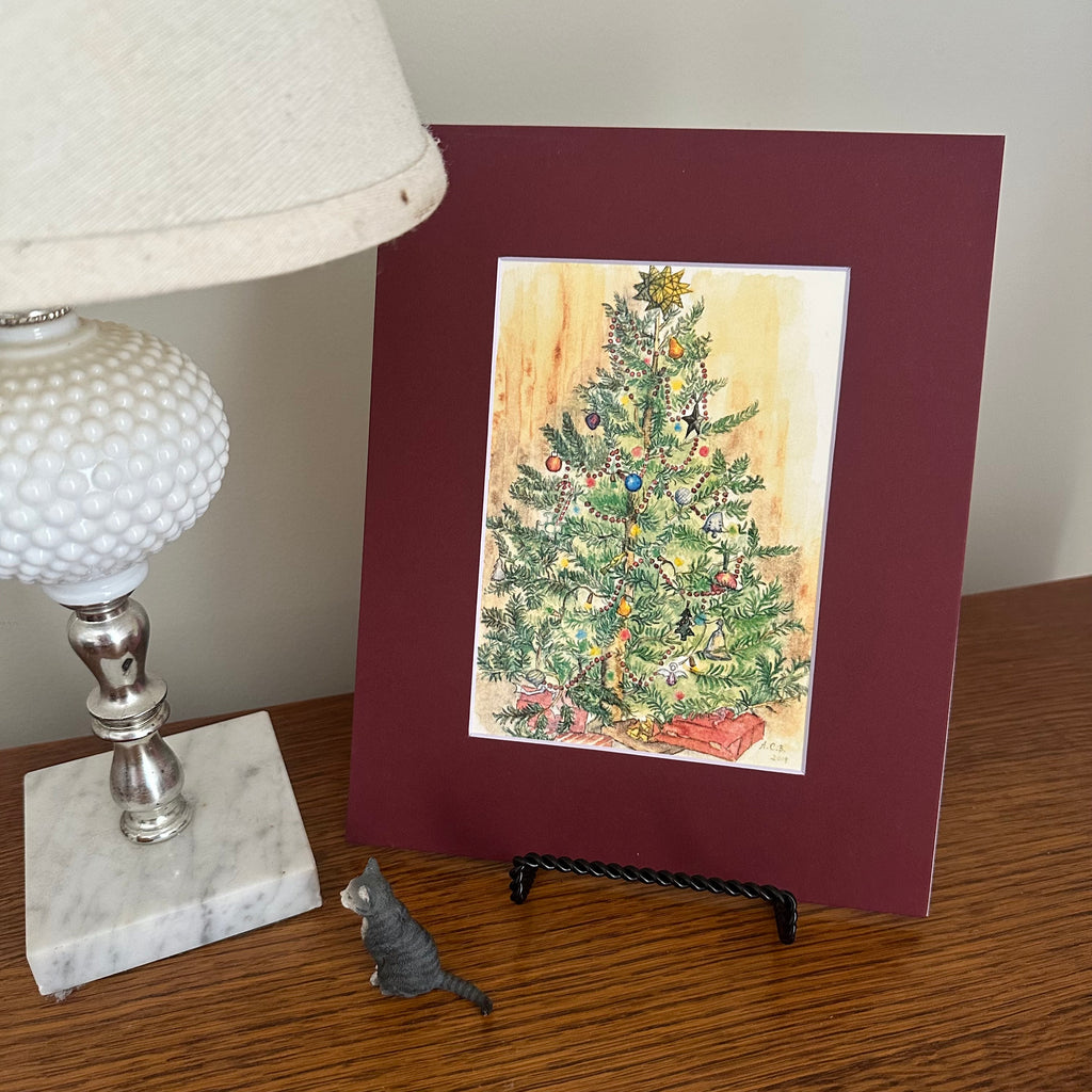 Christmas Watercolor 5x7 Print with 8x10 Mat: Christmas Tree