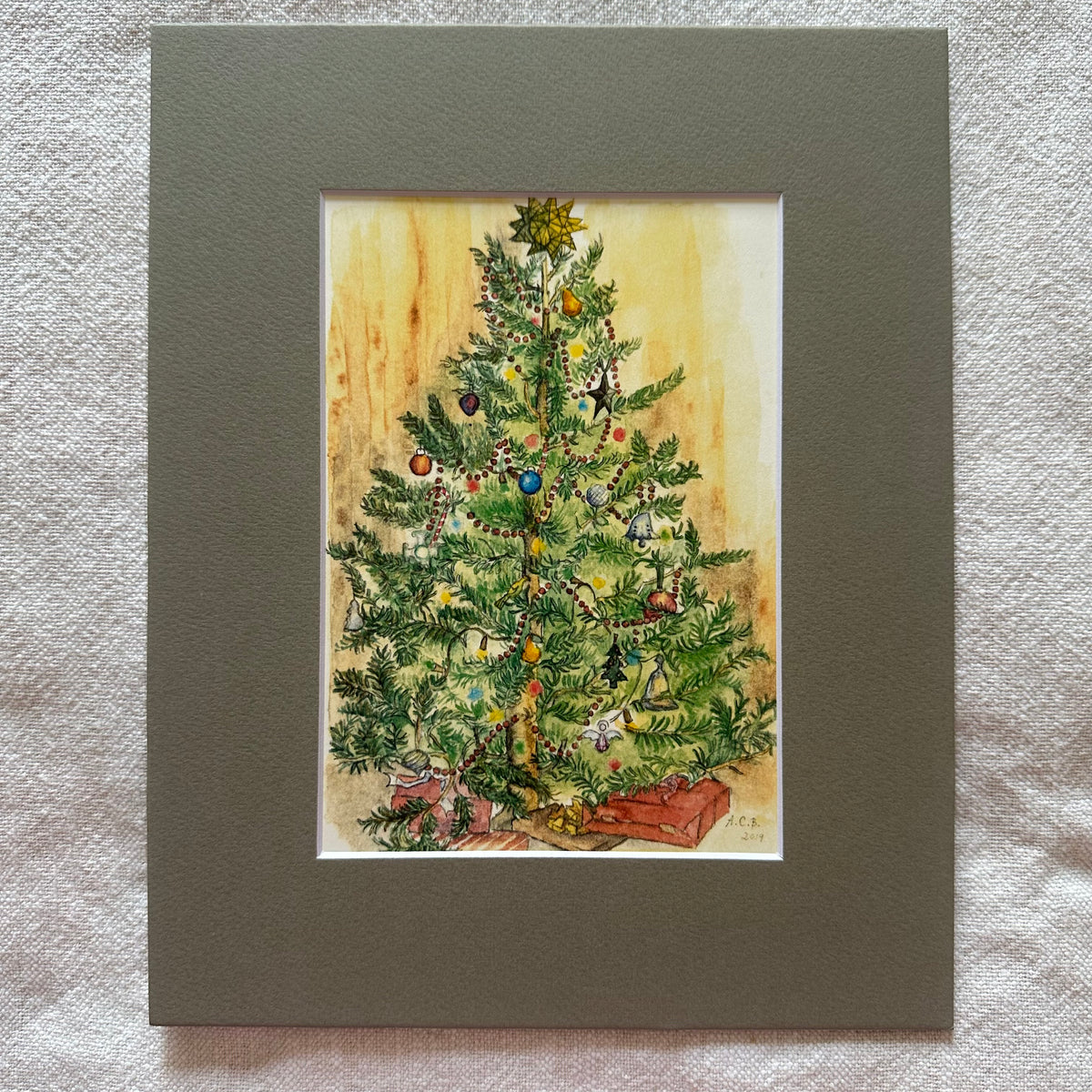 Christmas Watercolor 5x7 Print with 8x10 Mat: Christmas Tree