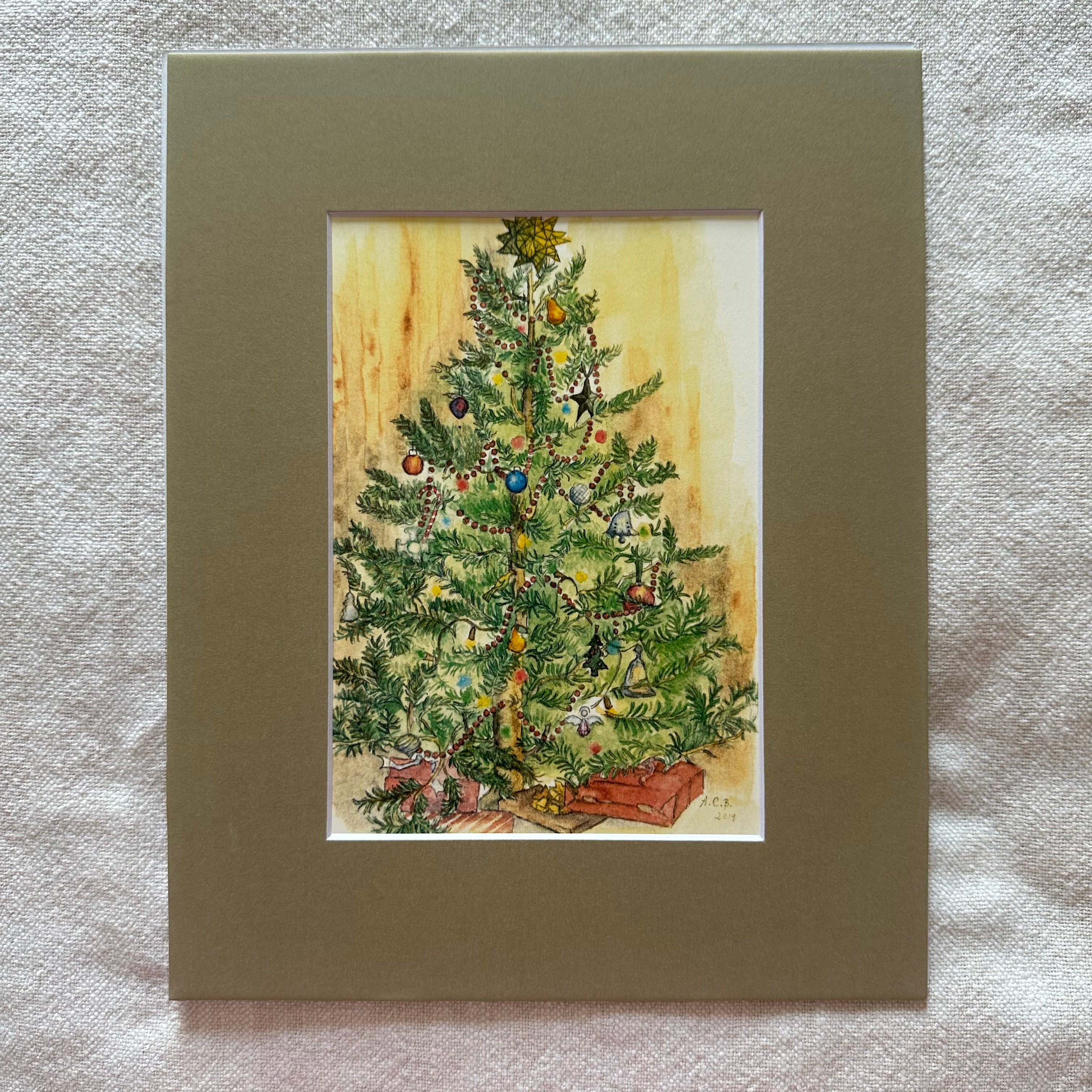 Christmas Watercolor 5x7 Print with 8x10 Mat: Christmas Tree