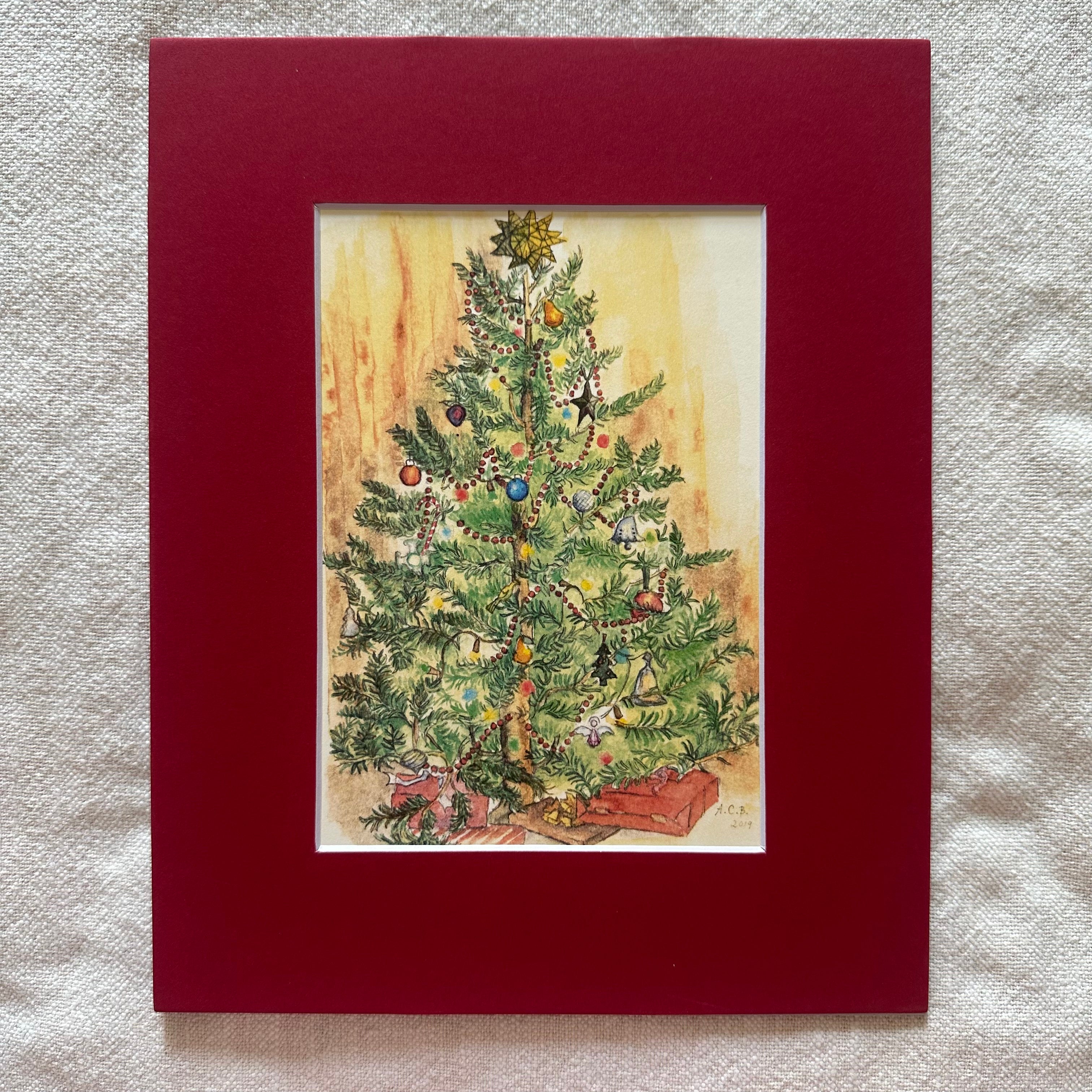 Christmas Watercolor 5x7 Print with 8x10 Mat: Christmas Tree