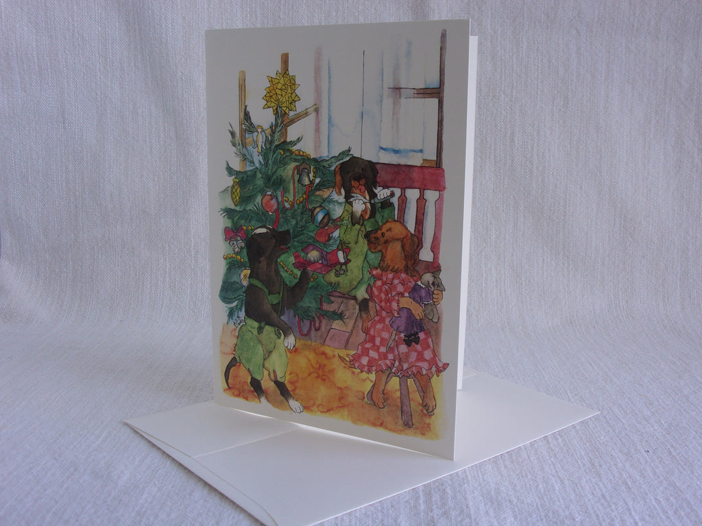 Whimsical Animals Puppies 5x7 Blank Watercolor Card: Christmas Morning