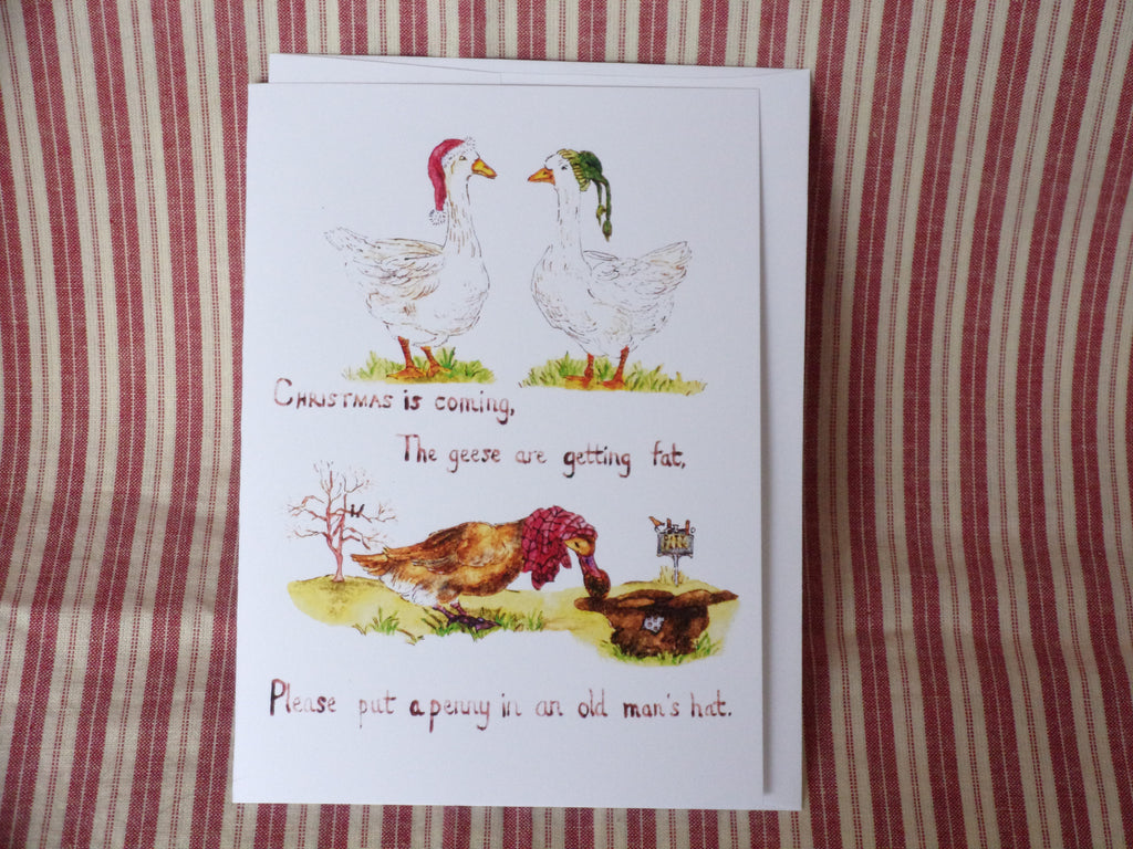 Christmas Whimsical Animals Geese 5x7 Blank Watercolor Card: Christmas Waterfowl