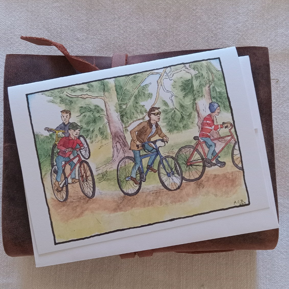 Vintage Children on Bikes 5x7 Blank Watercolor Card: Convoy