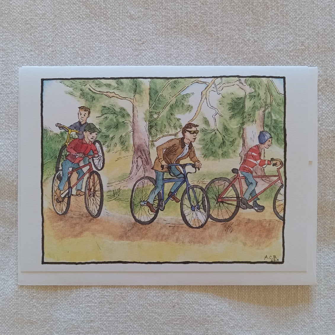 Vintage Children on Bikes 5x7 Blank Watercolor Card: Convoy